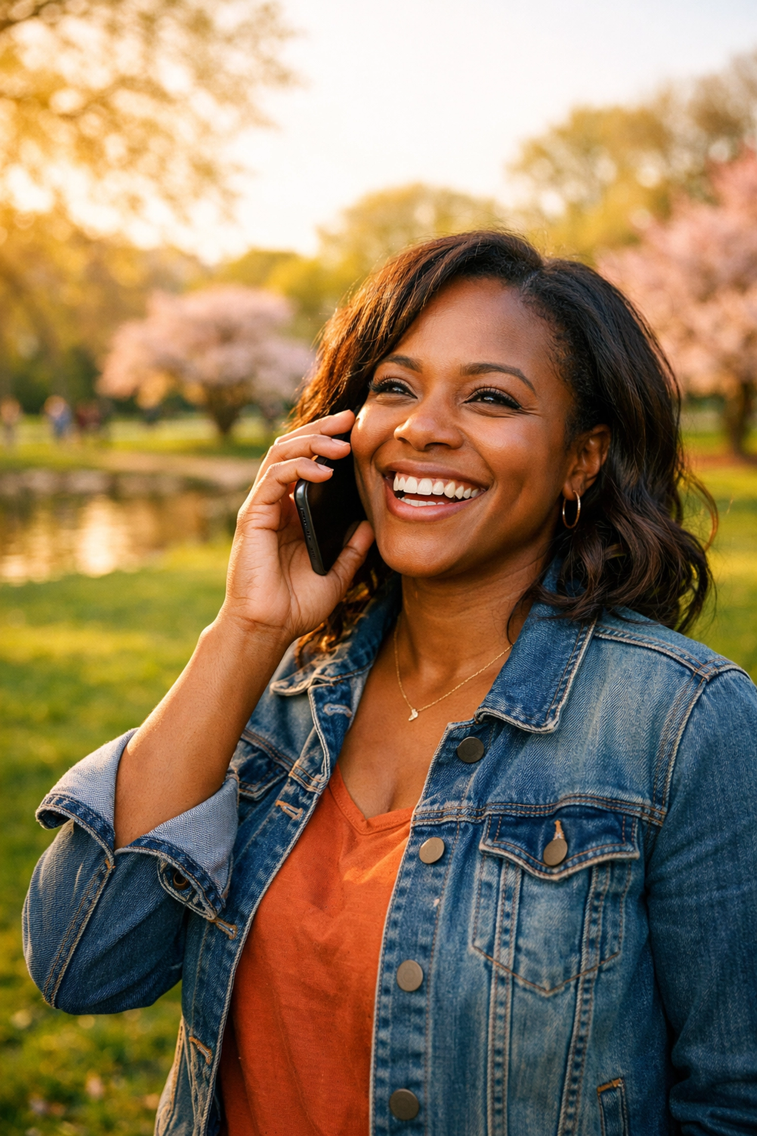 A smiling Black woman in a South Jersey park receiving a phone call about financial assistance relief.