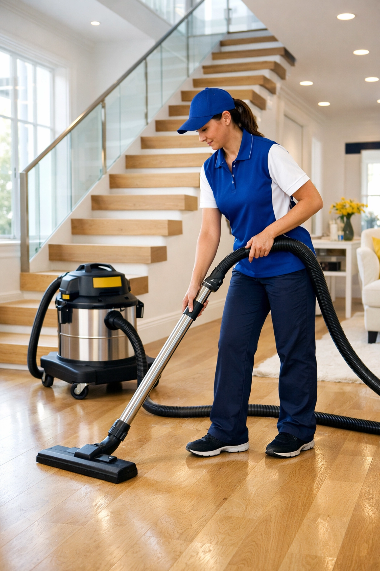 Professional cleaner using a HEPA vacuum for post construction cleaning in a Walpole home.