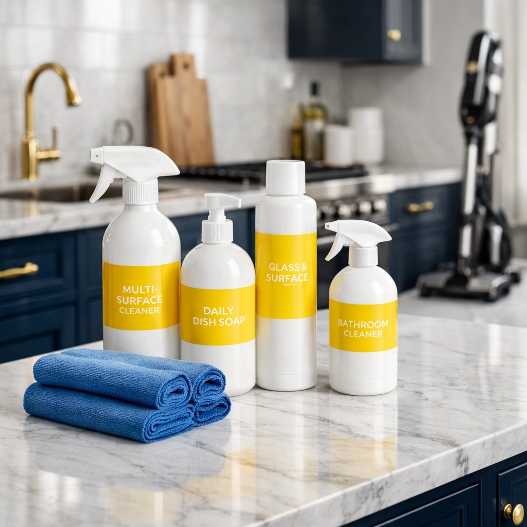 Luxury kitchen with marble counters cleaned by professional house cleaning services MA using eco-friendly supplies.