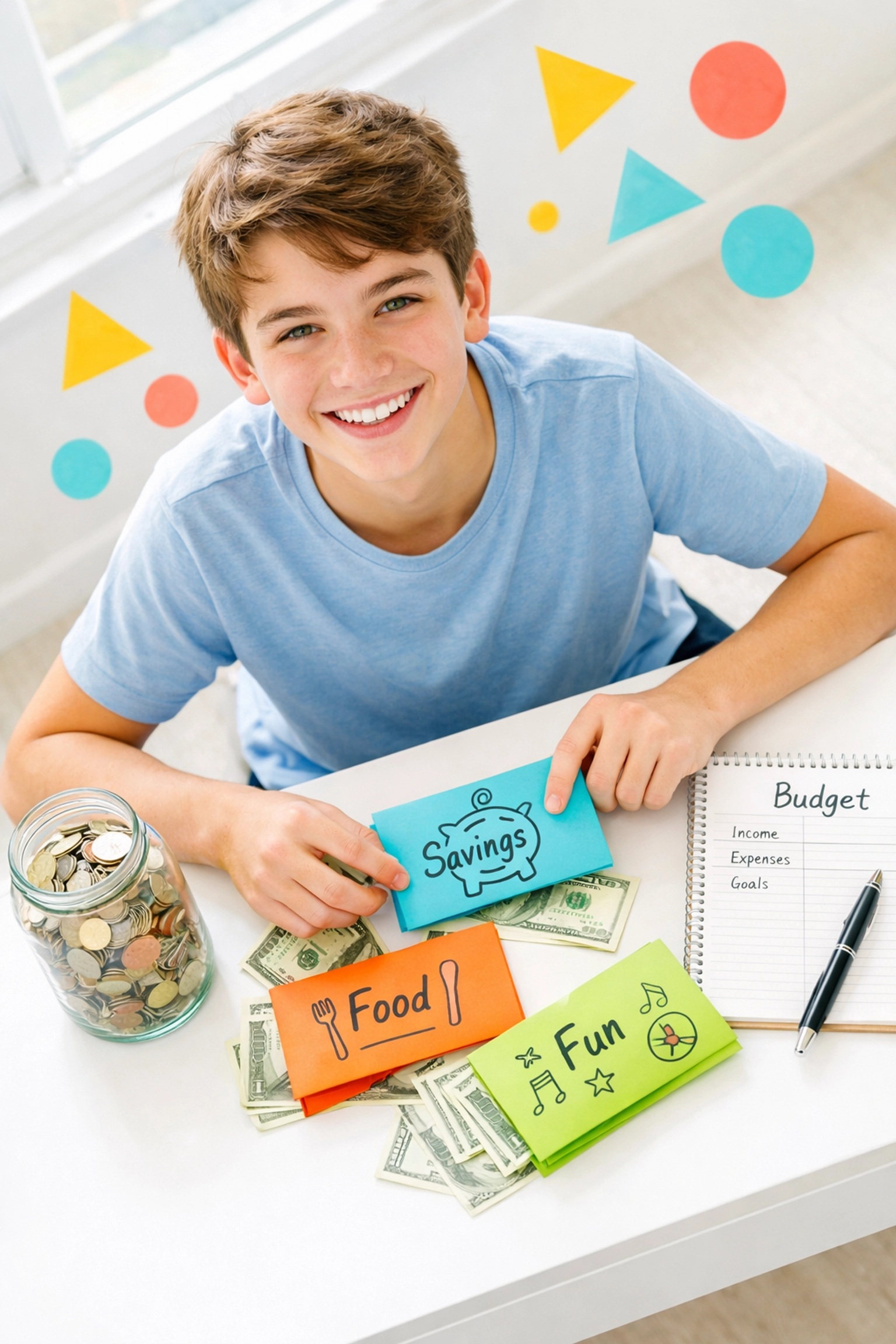 Teenage boy organizing budget with cash envelopes and coins learning financial literacy