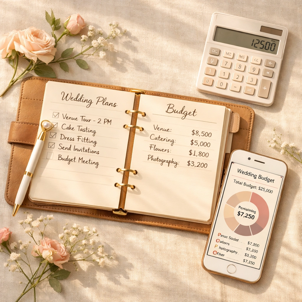 Wedding budget planning essentials including planner, calculator, and smartphone with budget app
