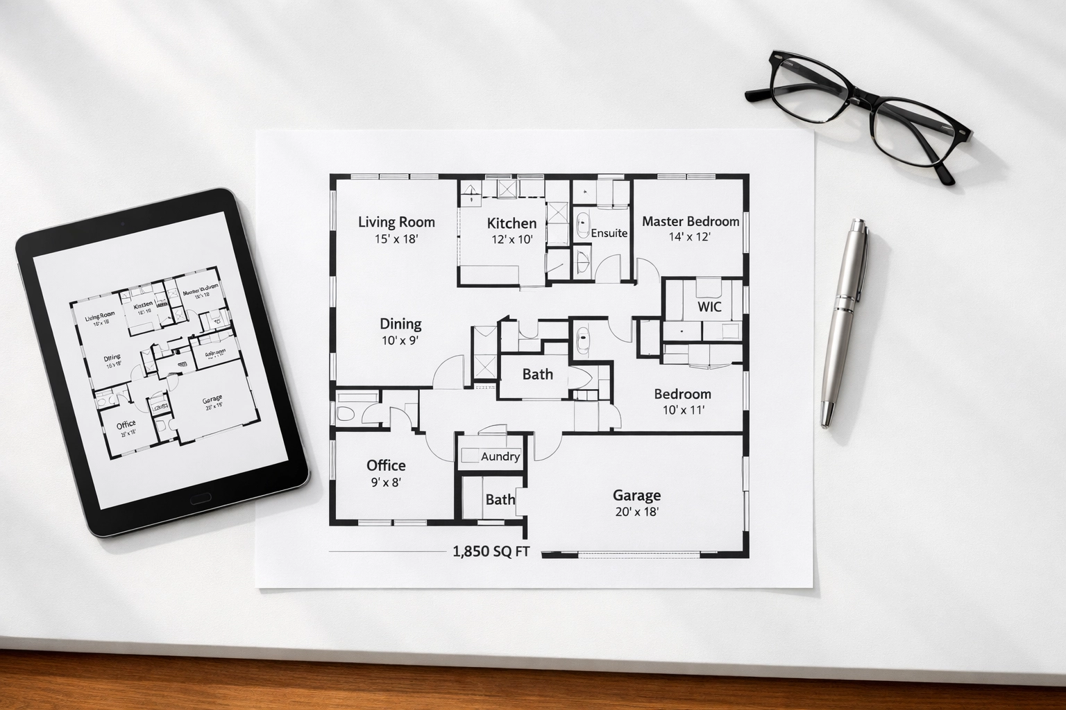 Professional real estate floor plan on desk with digital tablet for RI property listing