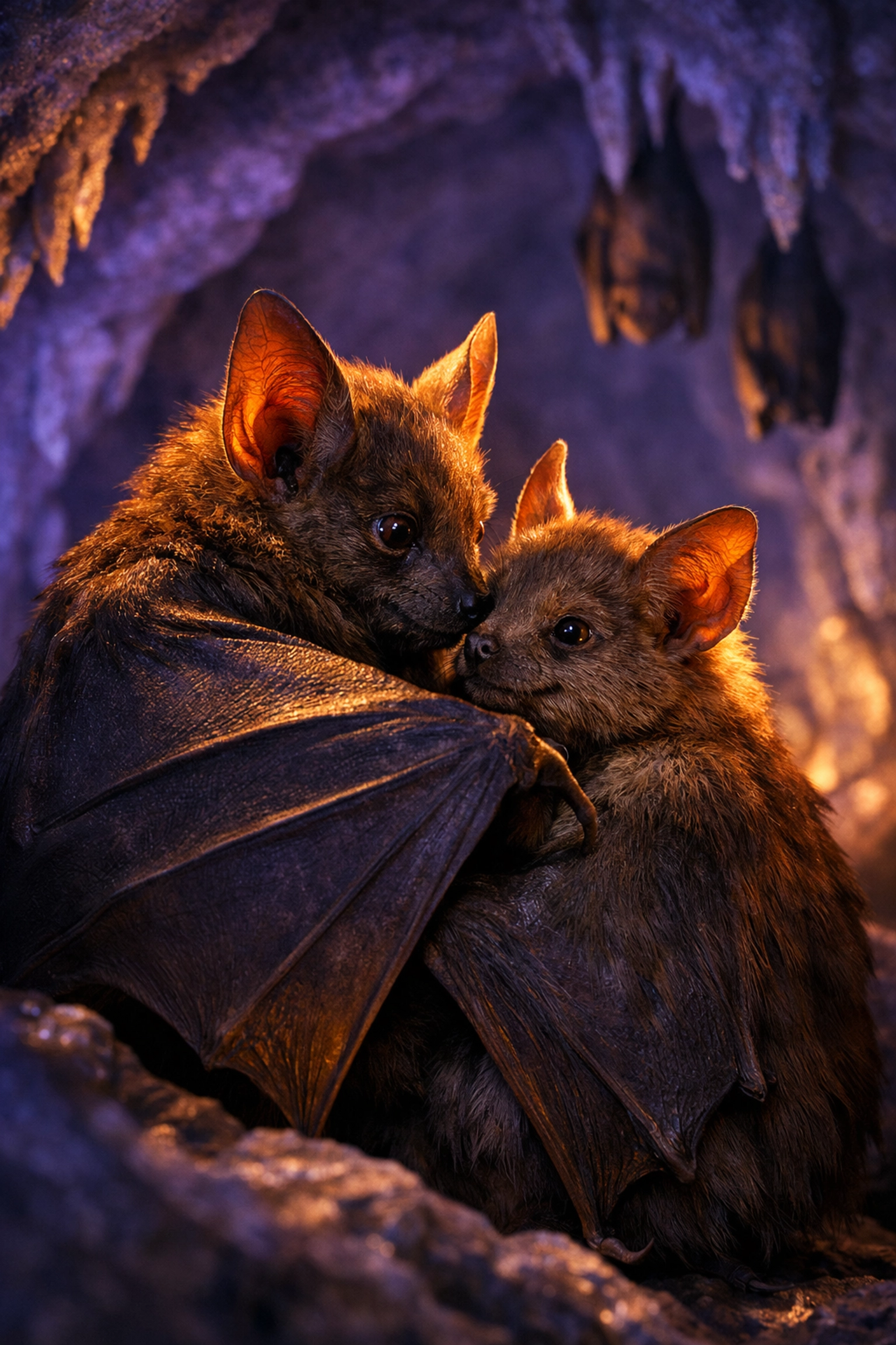 Bats huddled together in a violet cave, showing the social support and found family dynamics of bat colonies.