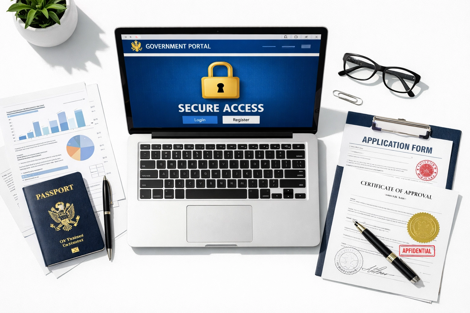 Laptop displaying secure BOIR filing website with business documents and passport for compliance