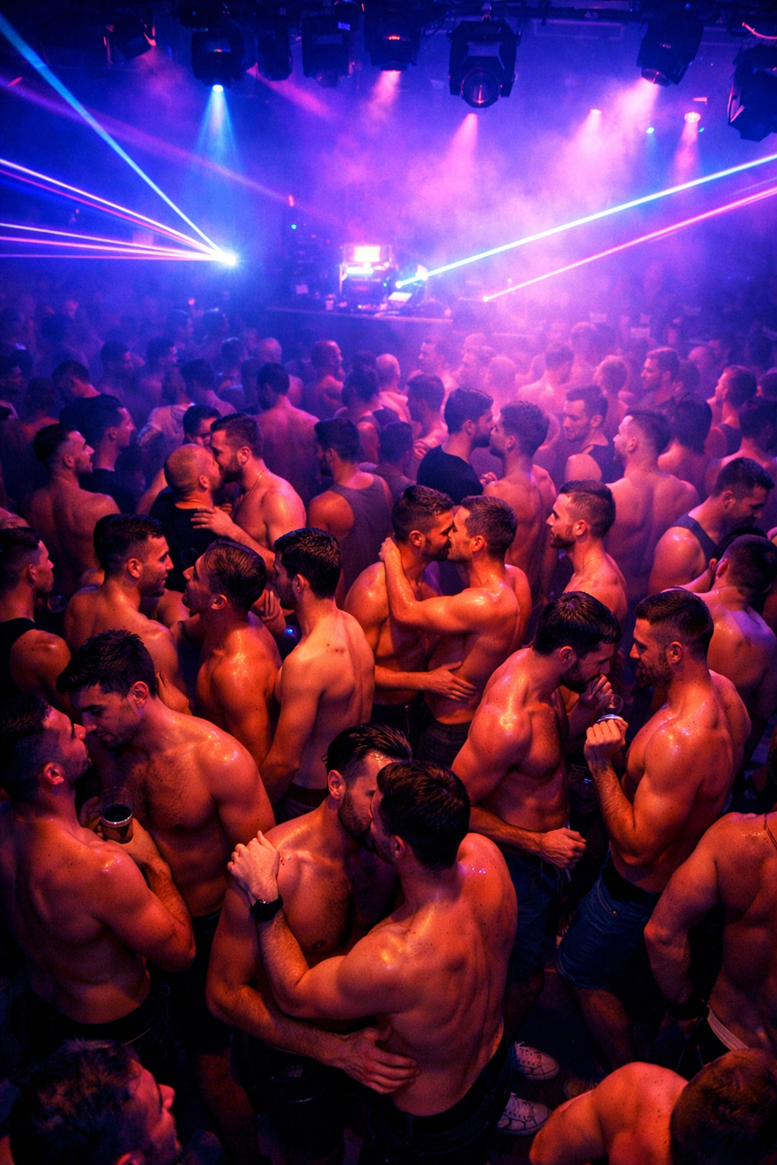 Gay men dancing at Budapest nightclub with purple lighting and energetic atmosphere