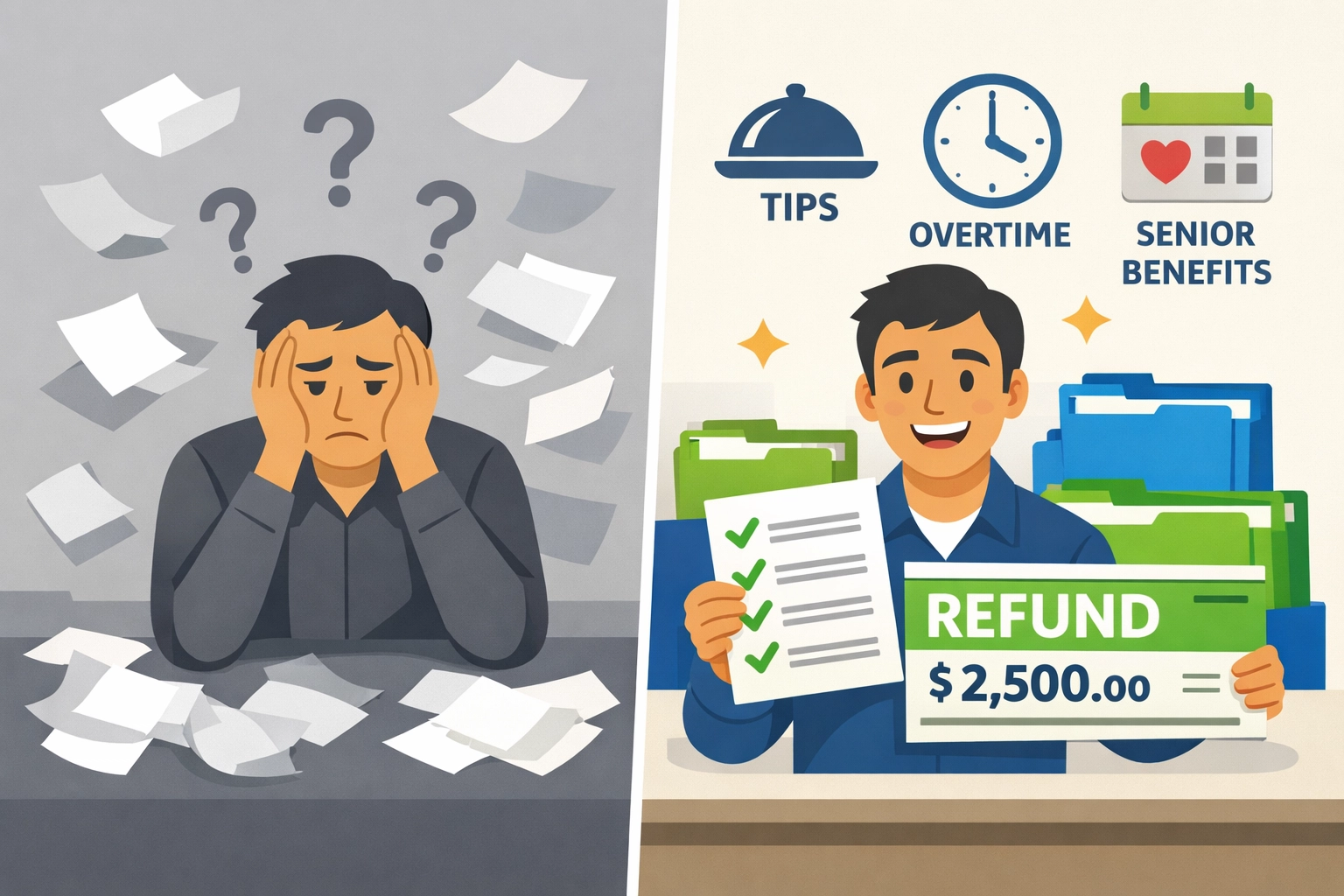 Before and after comparison showing organized tax preparation maximizing 2026 refund deductions