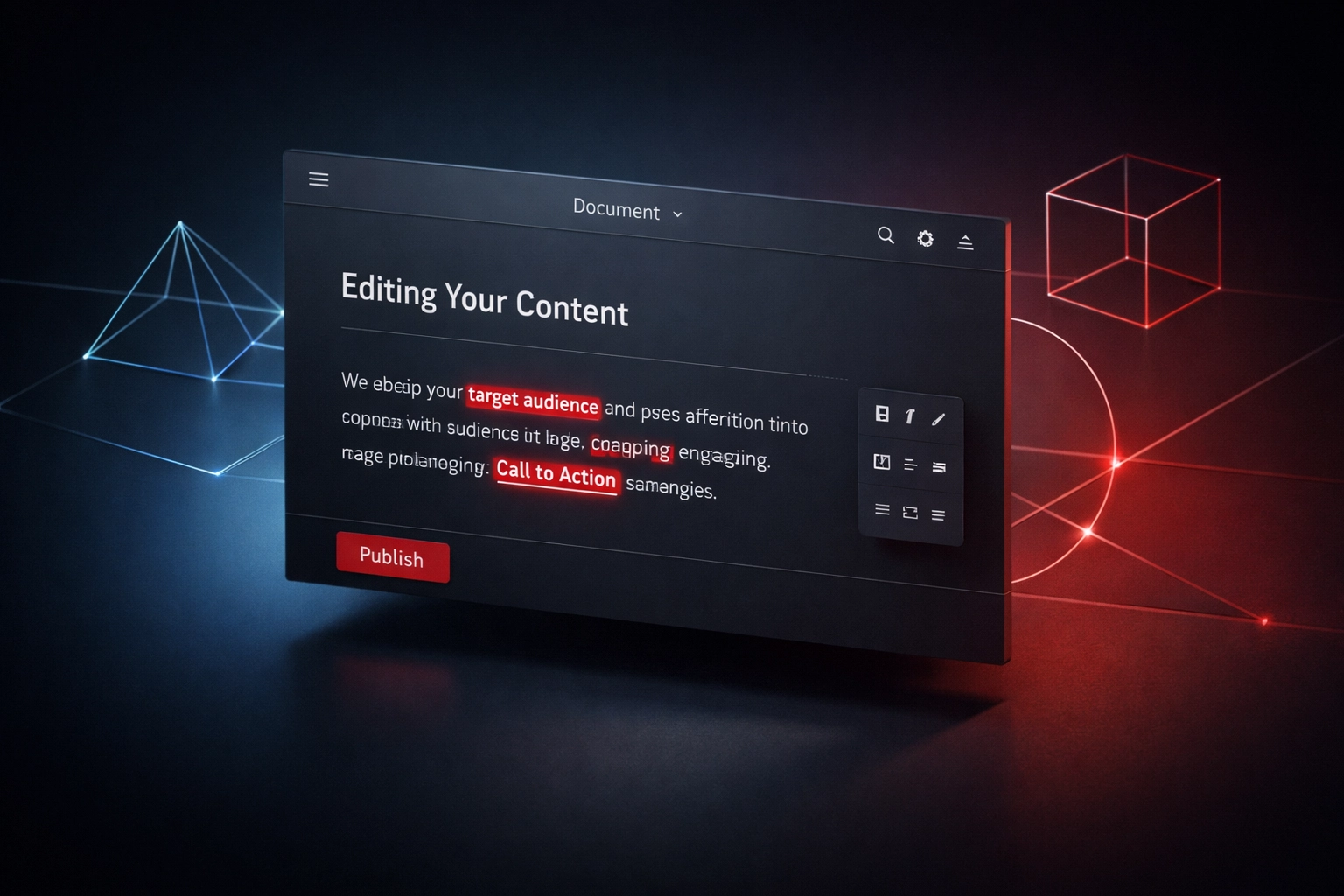 Digital content editor highlighting AI trigger words that need humanization and editing