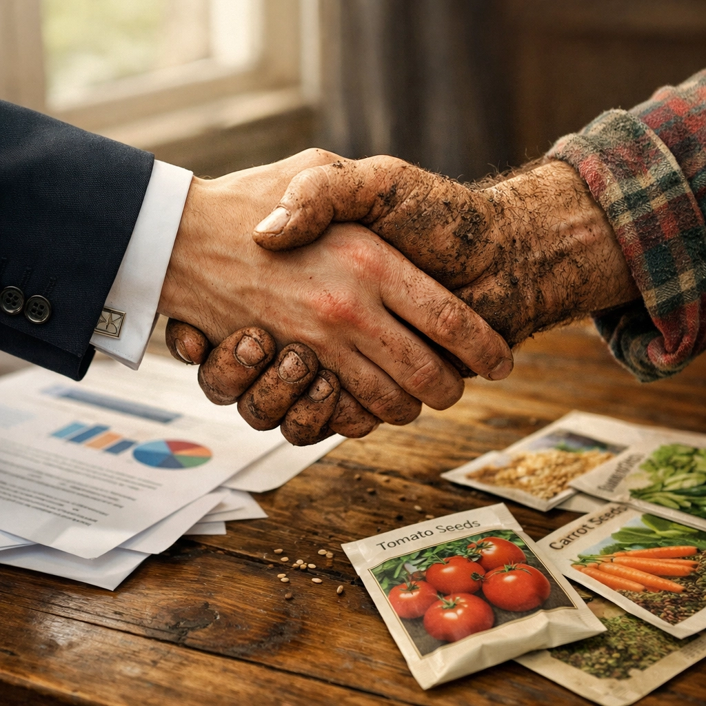 Business professional and farmer shaking hands over agricultural documents and seeds