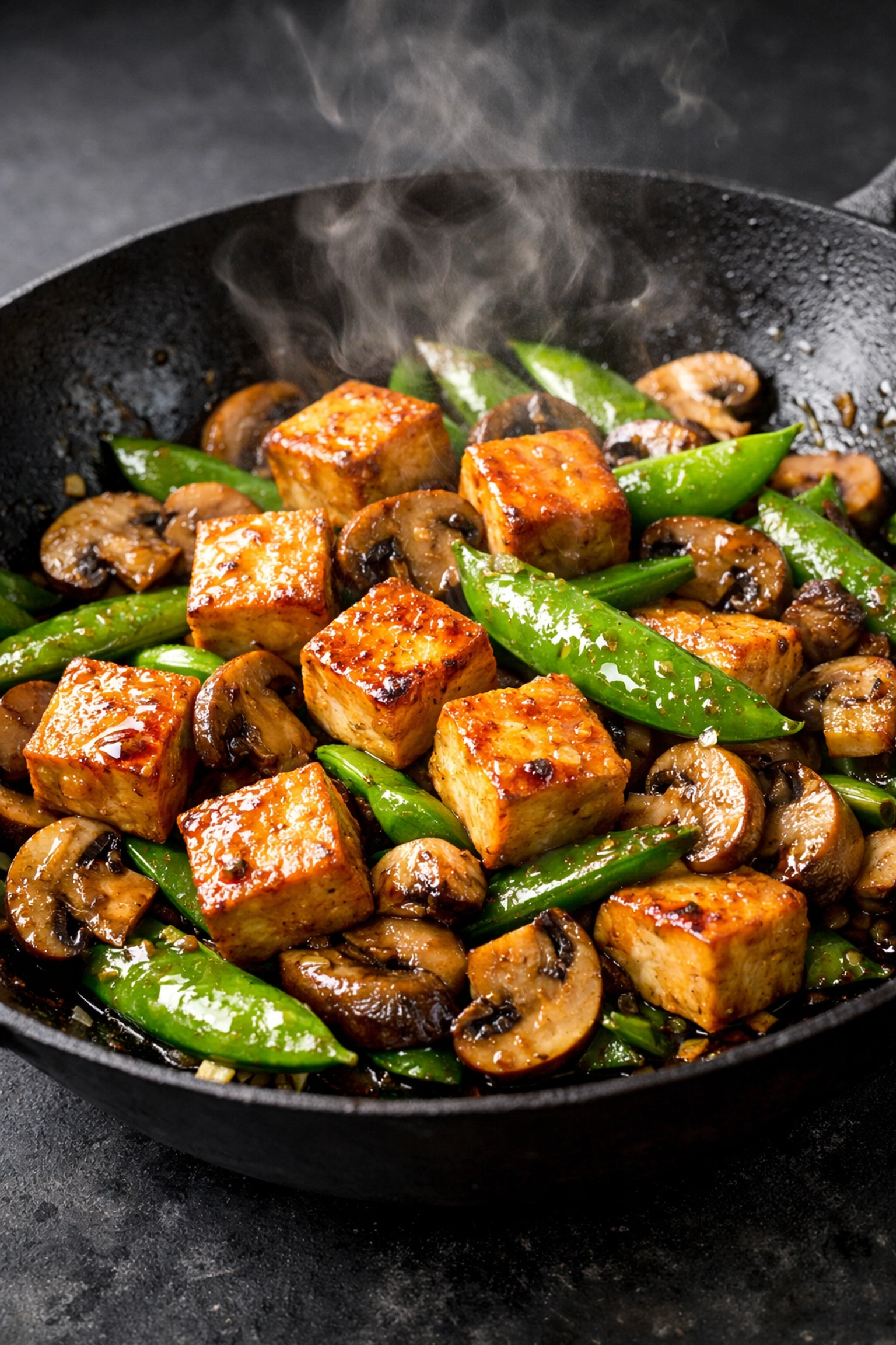 Low-calorie tofu stir-fry with snap peas and mushrooms, a healthy plant-based meal for weight loss.