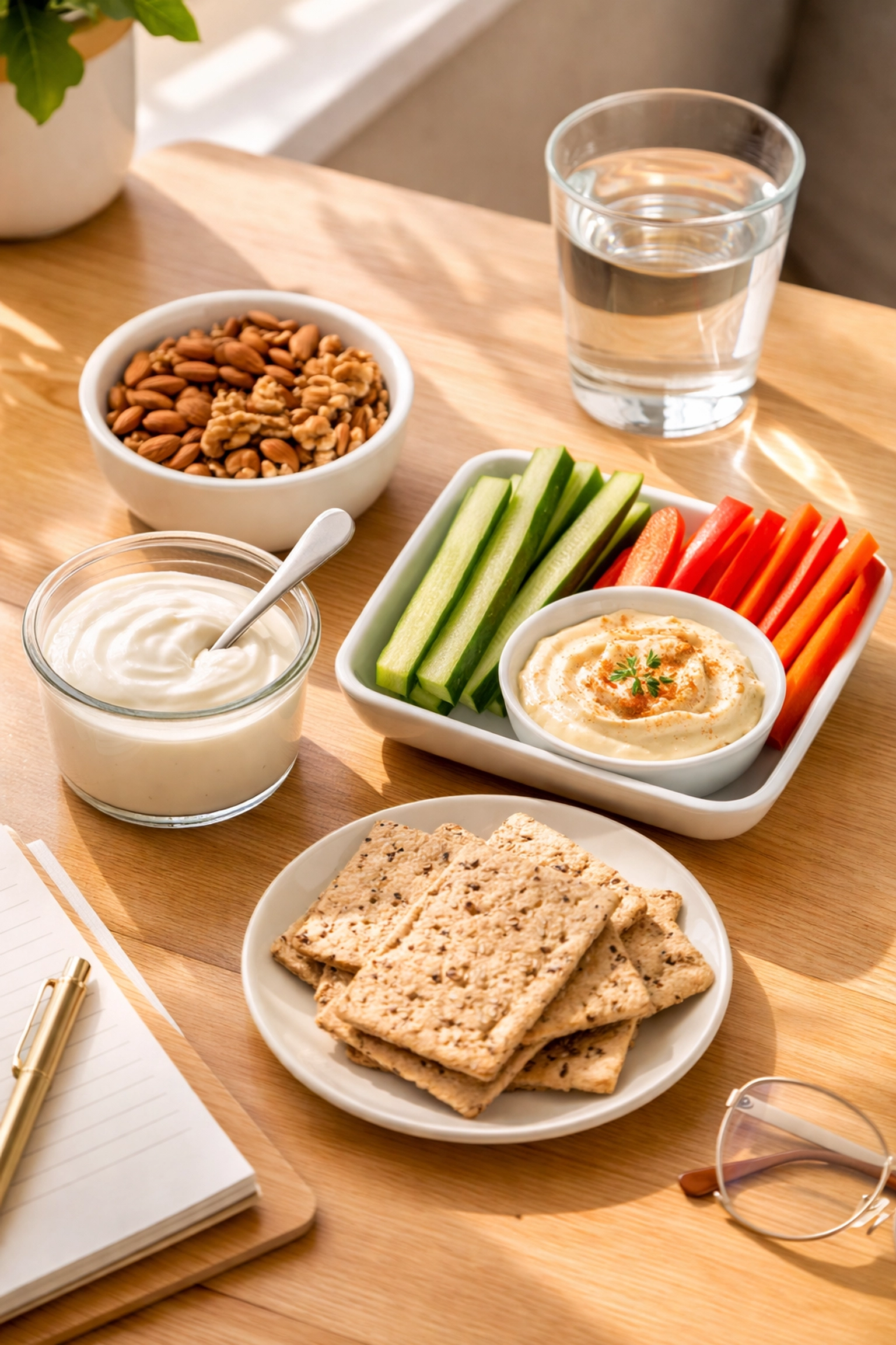 Healthy protein-rich snacks including nuts, yogurt, and vegetables for afternoon energy