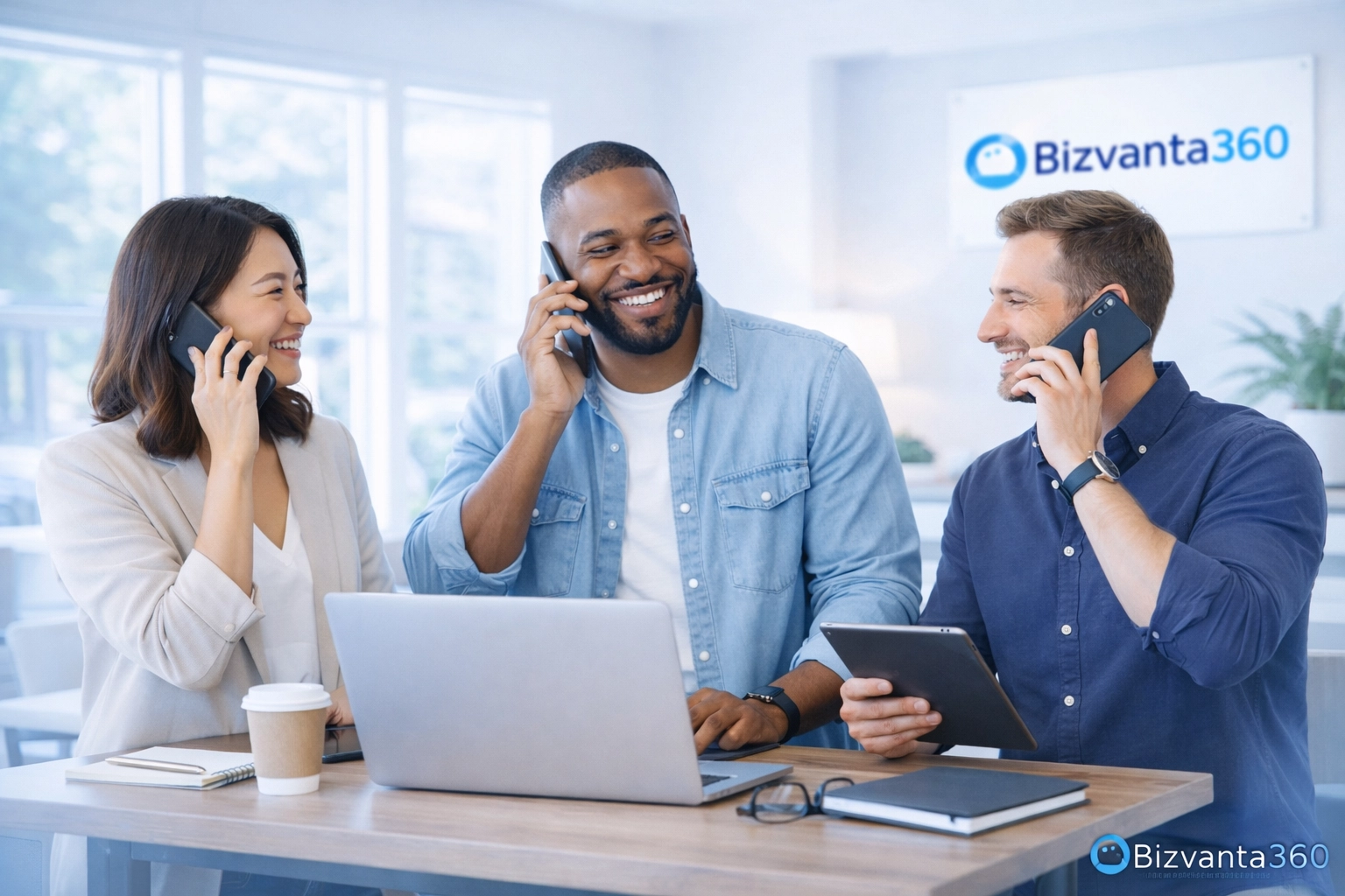Startup team collaborating with mobile devices using cloud-based business phone systems. Subtle Bizvanta360 logo integrated into the background.