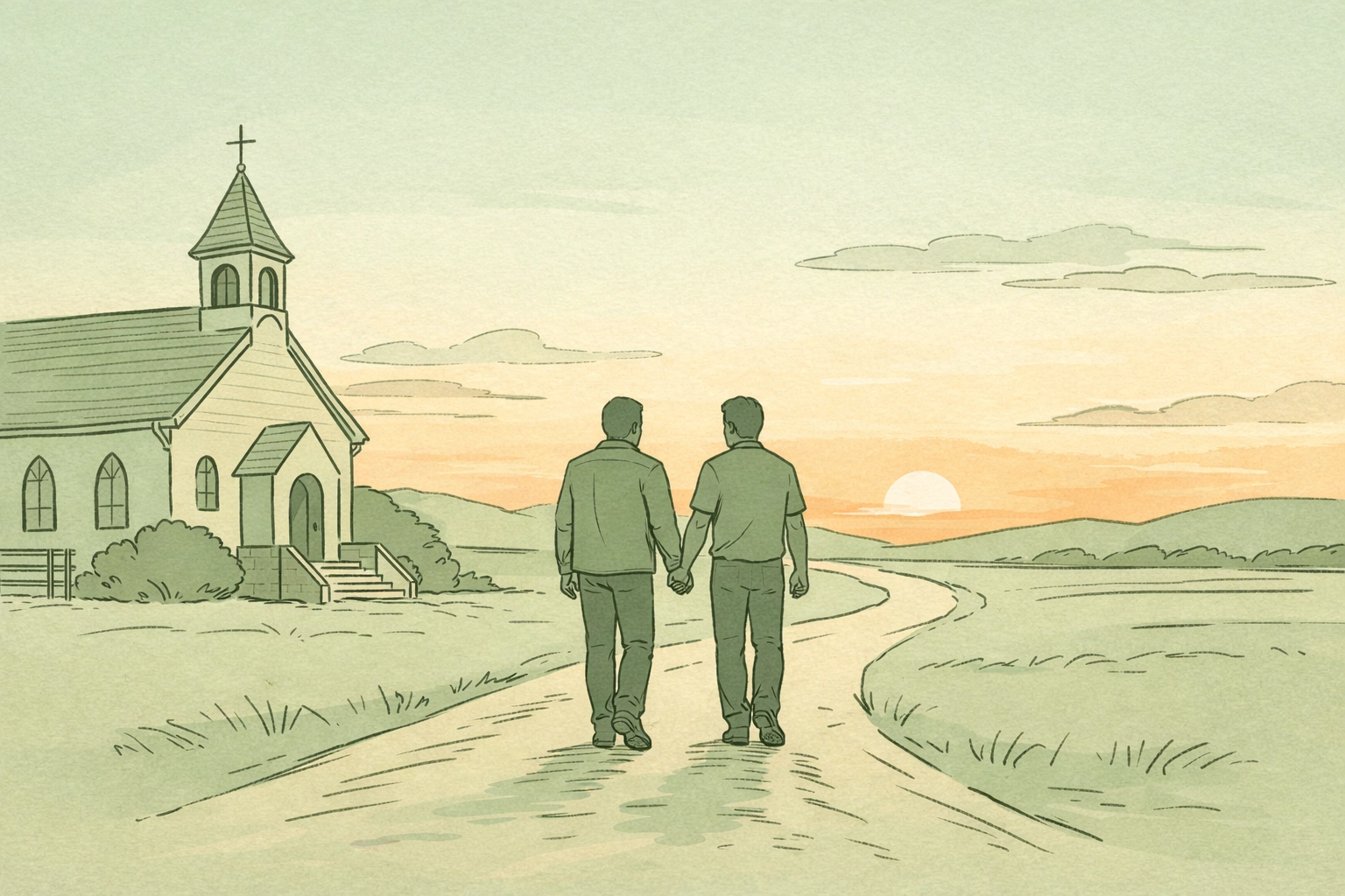 Gay couple holding hands walking from church - religious struggle and acceptance in MM romance