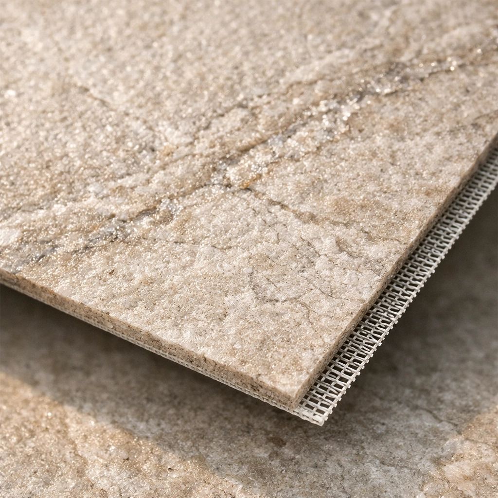 Vue macro détaillée montrant la texture naturelle et le profil ultra-mince d'un panneau de pierre flexible.