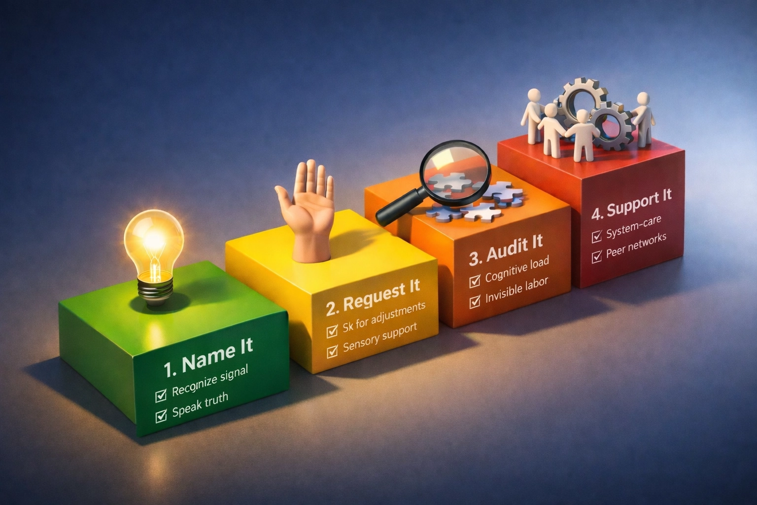 Four-step burnout intervention plan illustrated as ascending stages from recognition to support