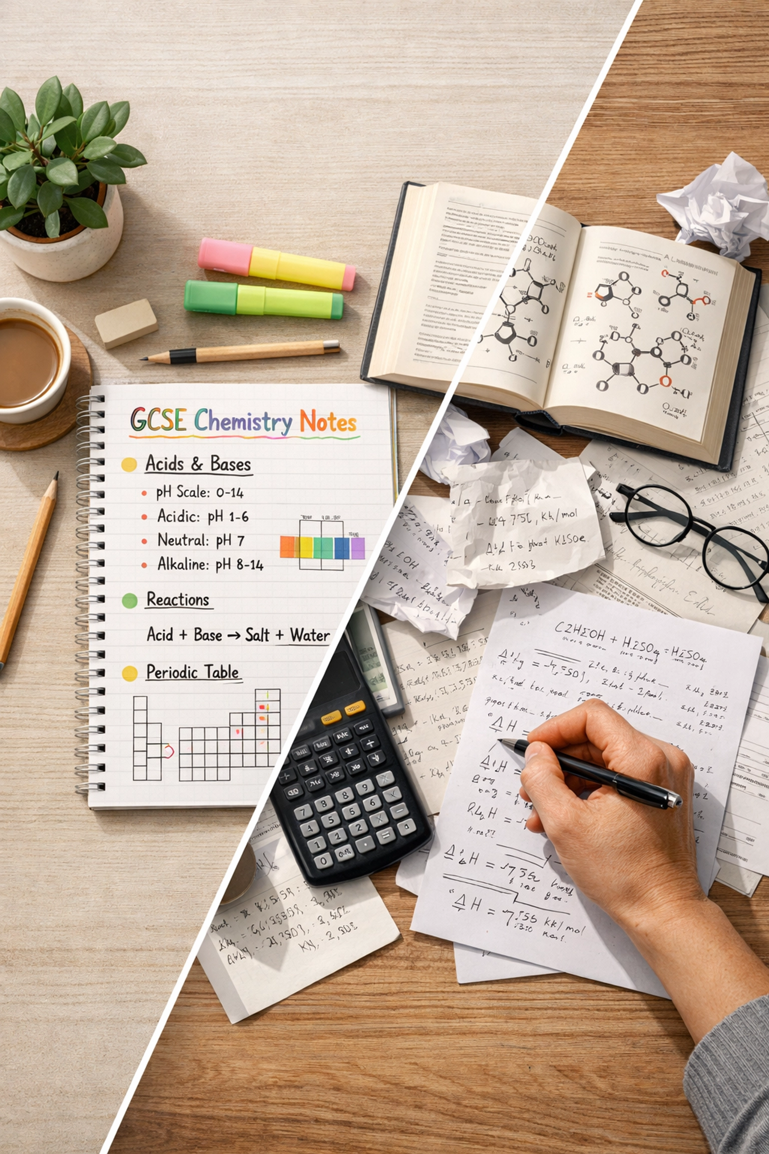Student desk showing GCSE Chemistry notes contrasted with complex A Level Chemistry textbooks and calculations