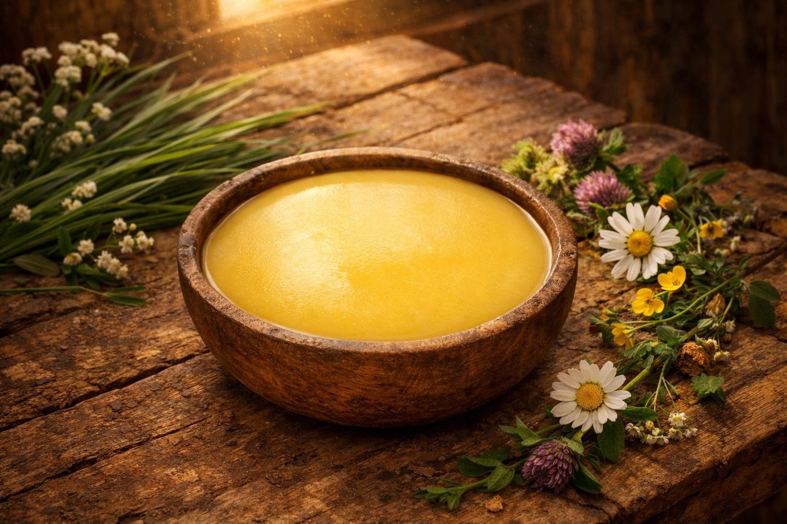 Premium golden grass-fed tallow in wooden bowl surrounded by fresh wildflowers and grass