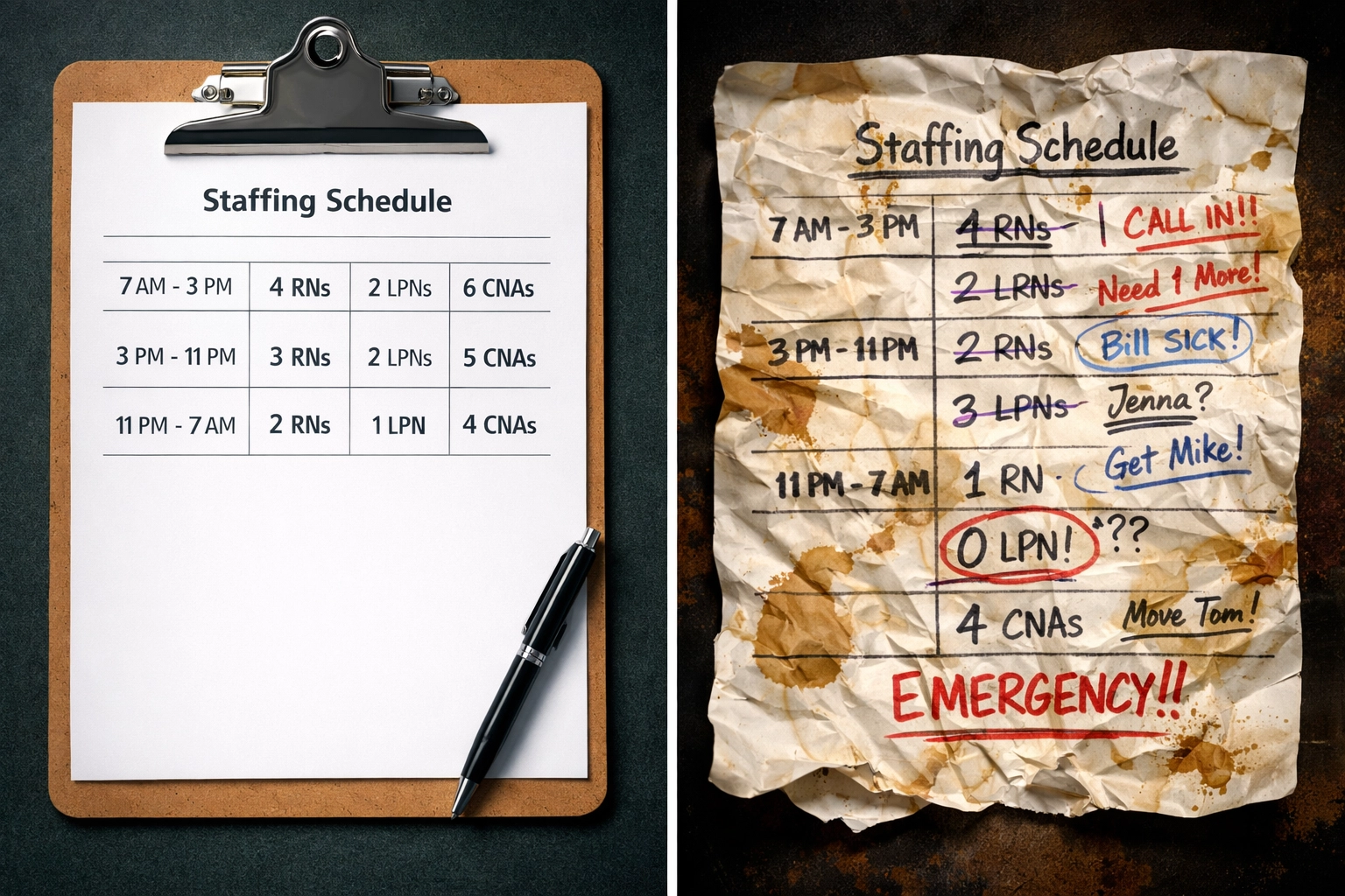 Comparison of official staffing schedule versus actual chaotic healthcare staffing reality