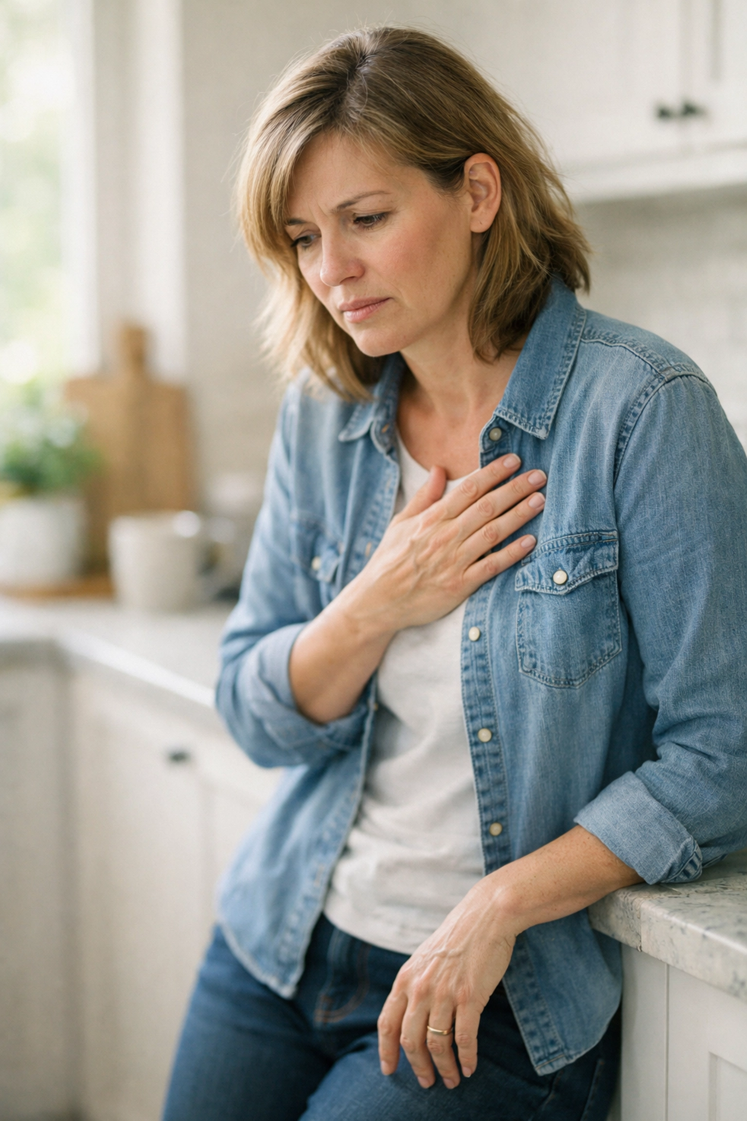 A person feeling sudden fatigue and chest discomfort, signs of a silent heart attack.