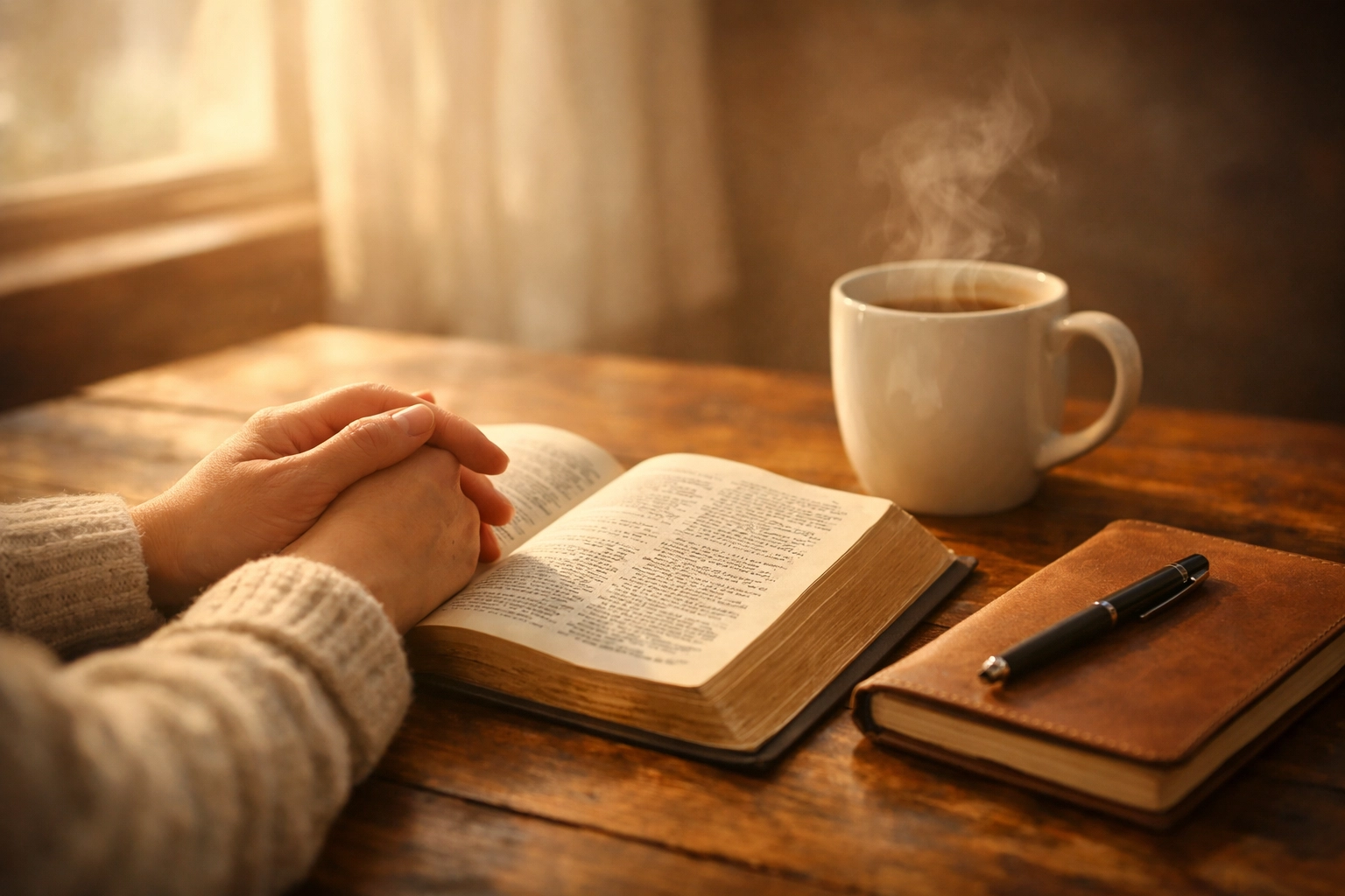 Open Bible with coffee and prayer hands showing spiritual grounding morning routine
