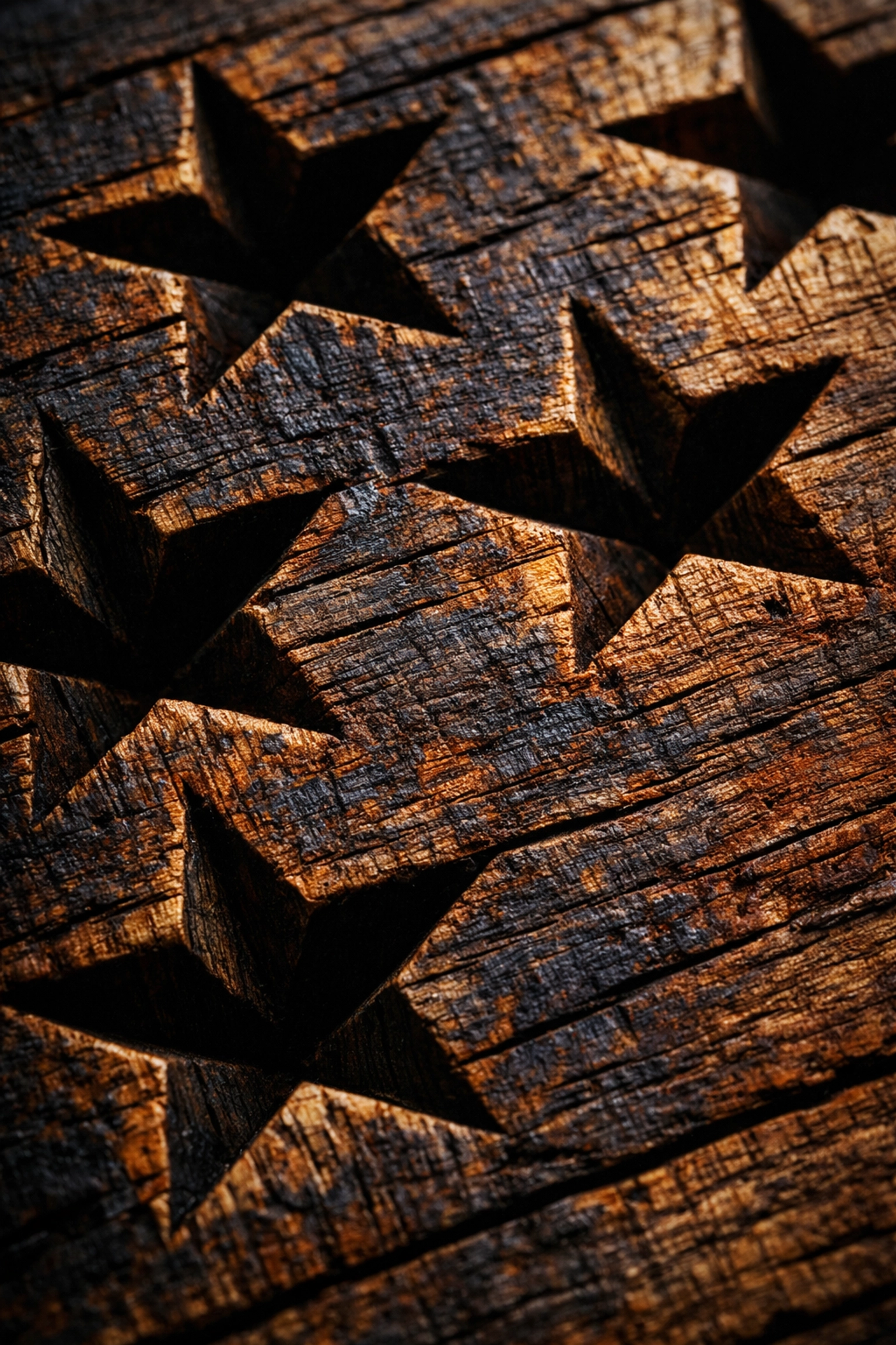 Close-up of precision carved stars on a rustic wooden american flag with dark charred grain.