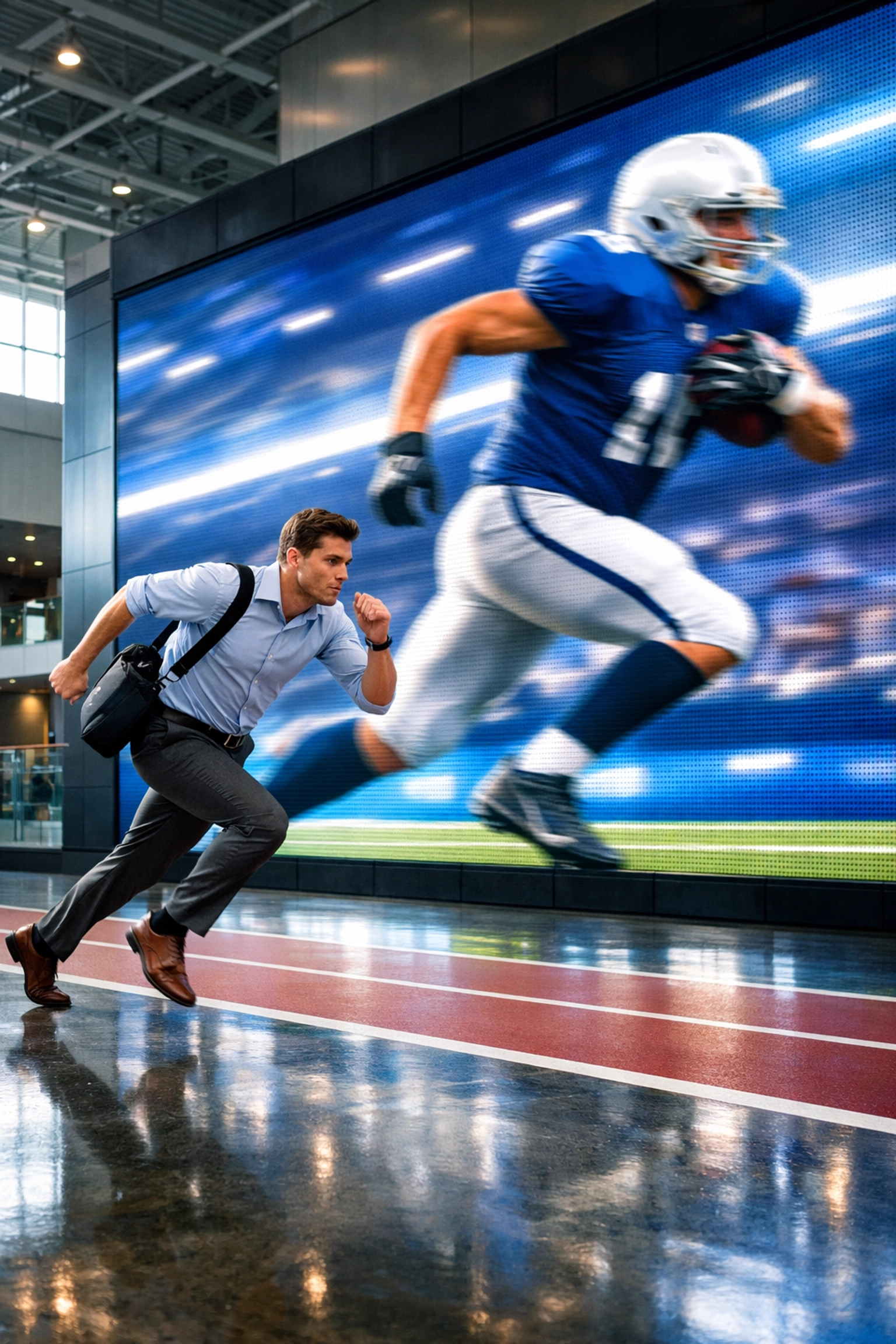 Interactive Super Bowl 2026 fan experience featuring a high-tech football sprint at the Moscone Center.