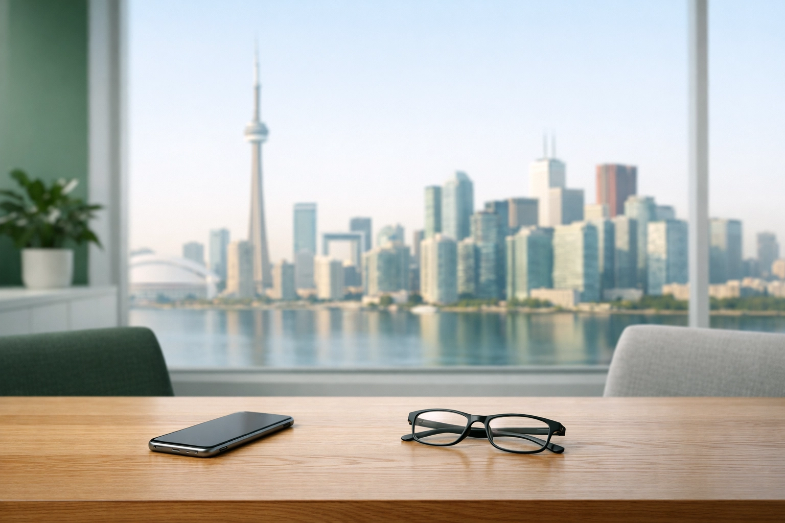 Modern office setting featuring a smartphone used to compare installment loan rates in Canada.