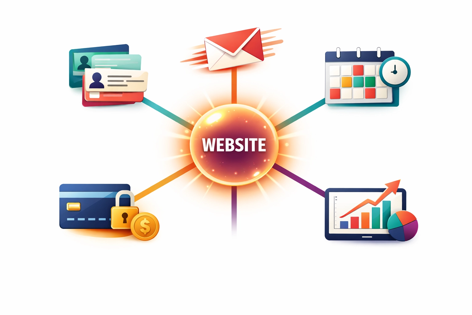 Website operations hub connected to CRM, email marketing, calendar, payment, and analytics systems