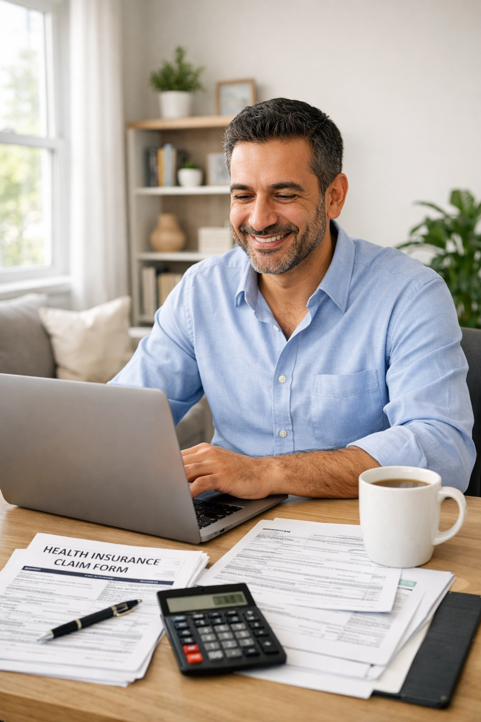 Self-employed worker calculating premium tax credits on health insurance at home office