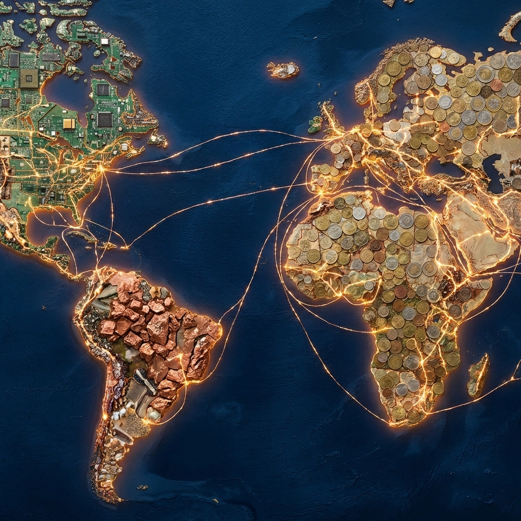 World map with textured materials and illuminated light trails, highlighting geographic diversification and global investment opportunities.