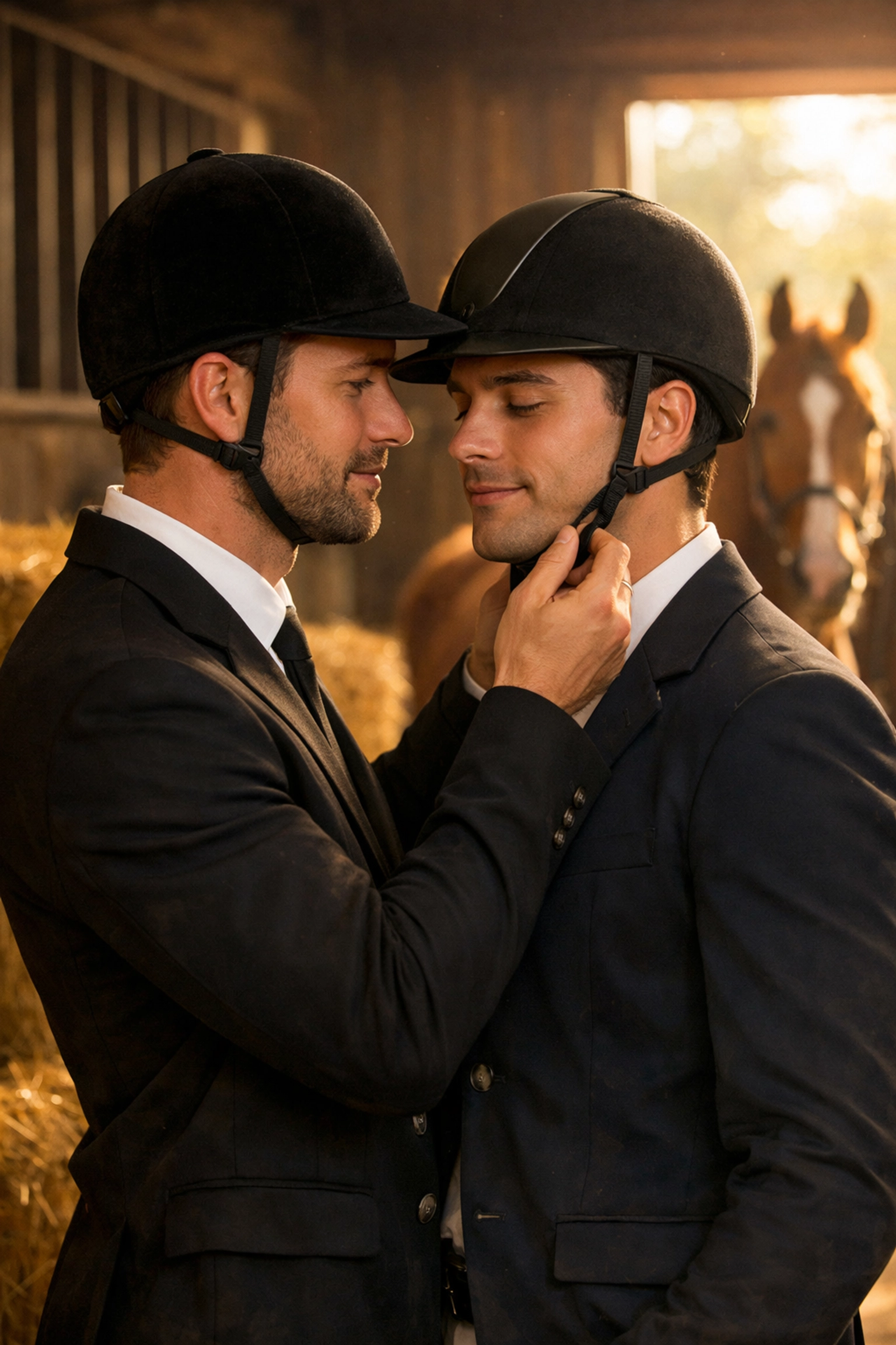 Two gay equestrians sharing an intimate moment in a stable with their horse
