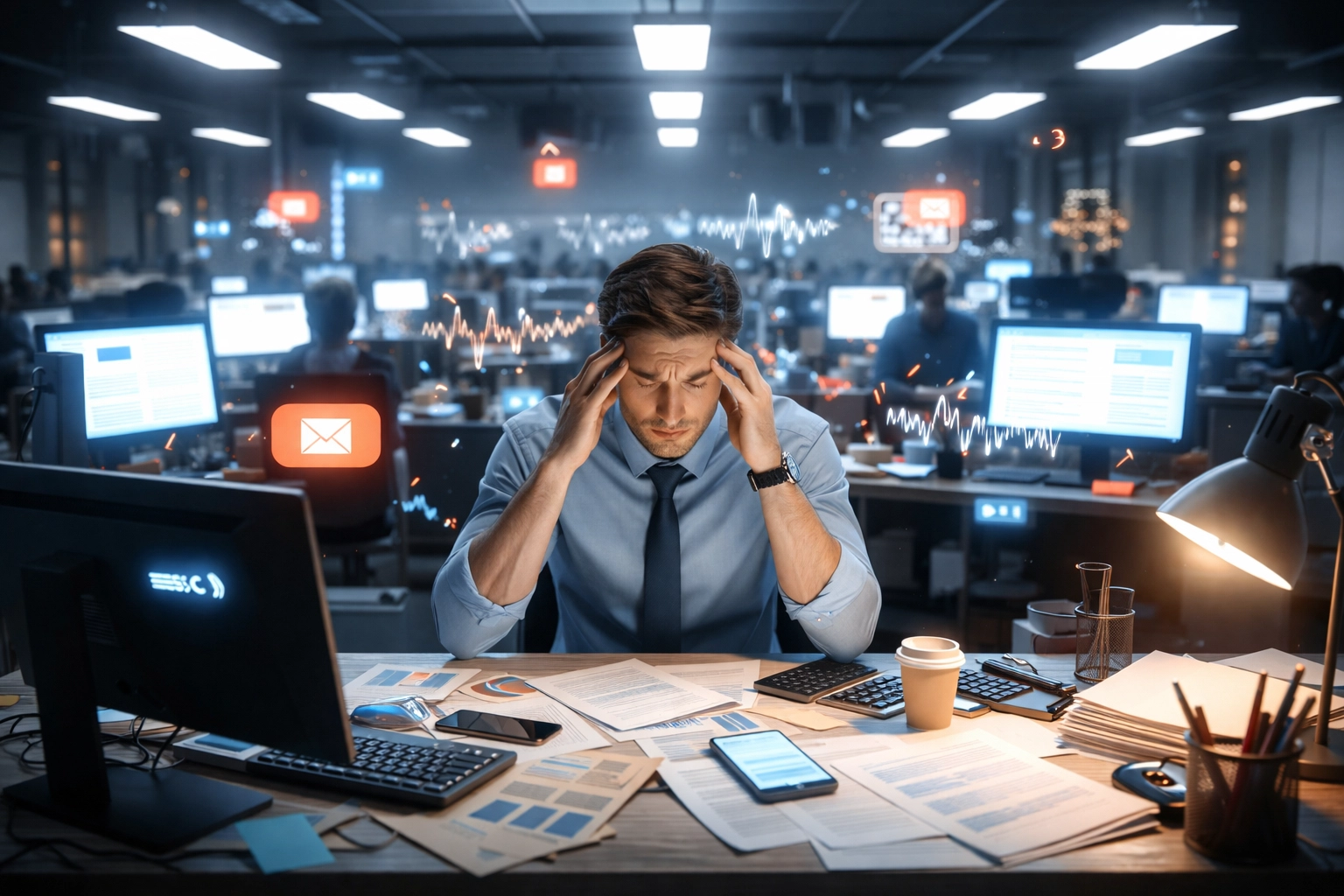 Open office workspace filled with screens, harsh lighting, and clutter representing sensory overload and distraction.