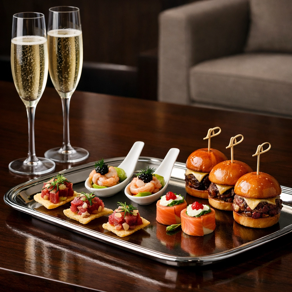 Elegant corporate catering and appetizers in a VIP lounge for luxury Super Bowl hospitality.
