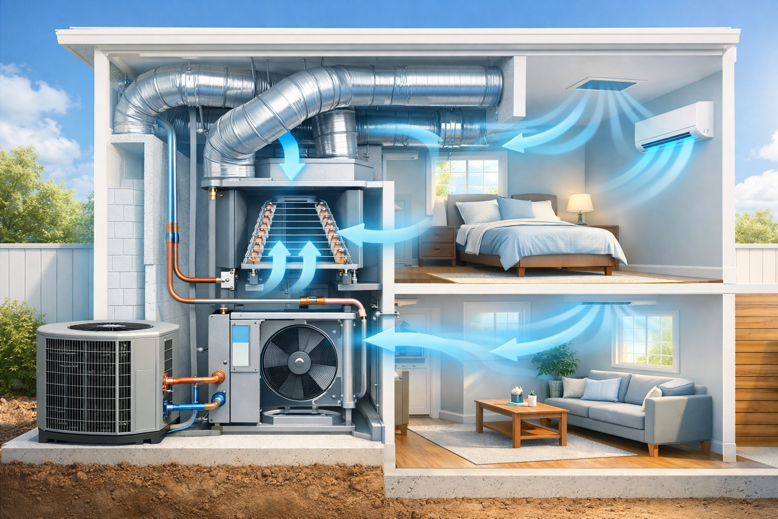Home air conditioning system showing cooling airflow and refrigerant lines