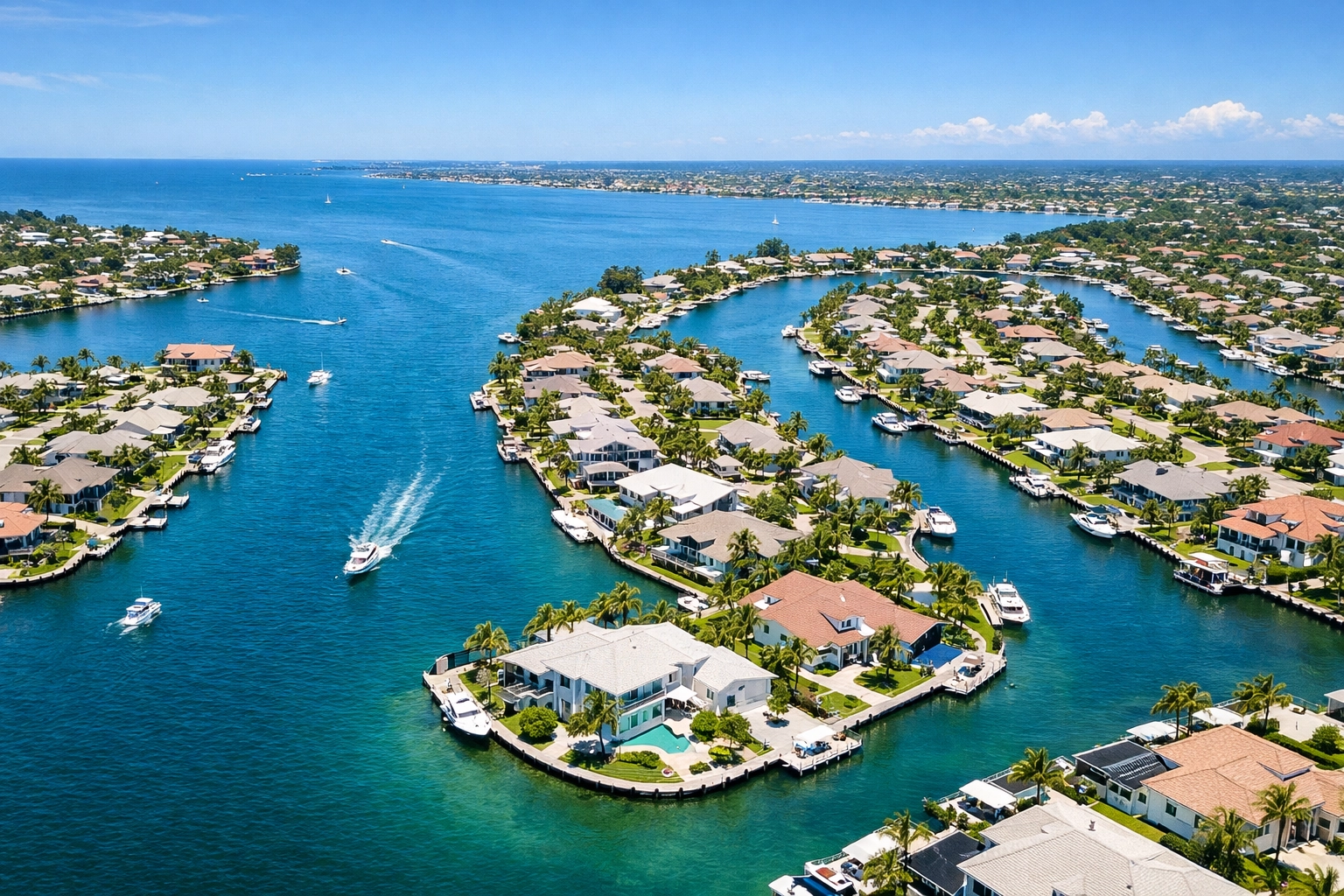 Aerial view of Cape Coral canal system showing Gulf access routes and waterfront homes