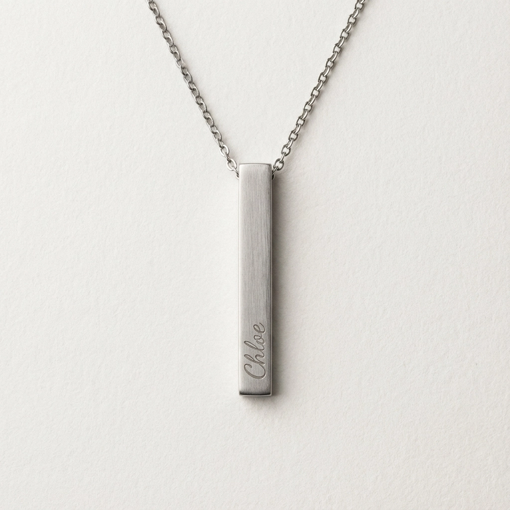 Vertical Bar Pendant Necklace — Chloe script engraving