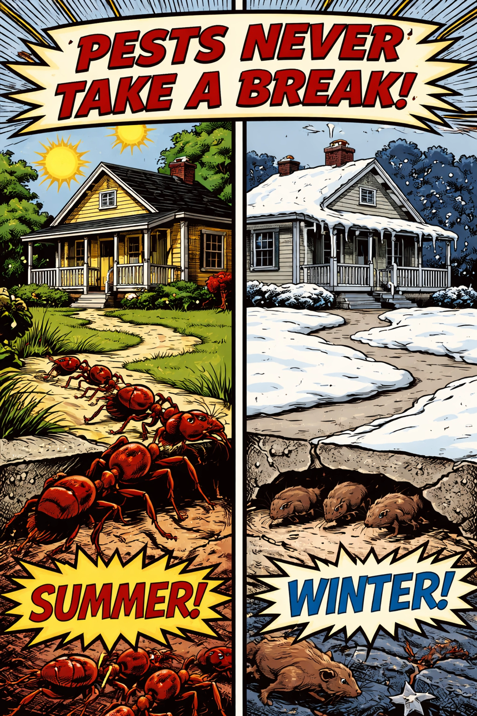 Comic book illustration of a Birmingham home showing summer fire ants and winter mice, highlighting year-round pest threats.