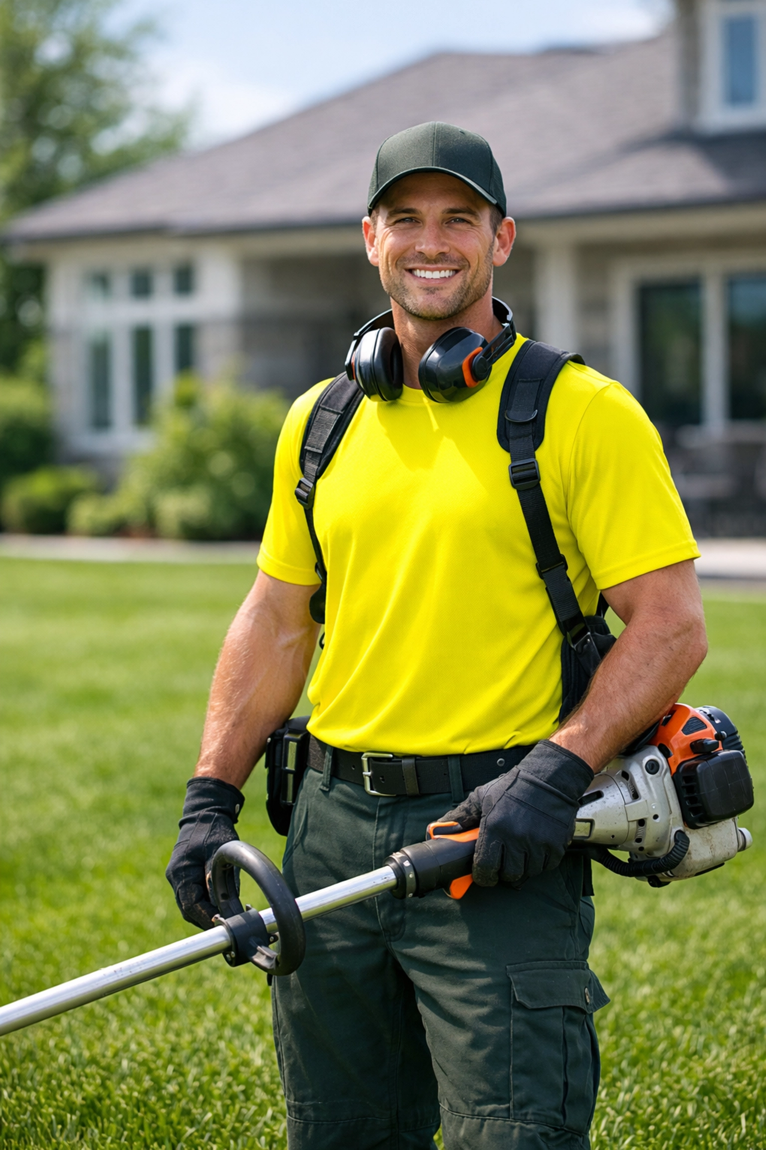 A professional lawn care worker wearing a high-visibility yellow custom t shirt for business branding.