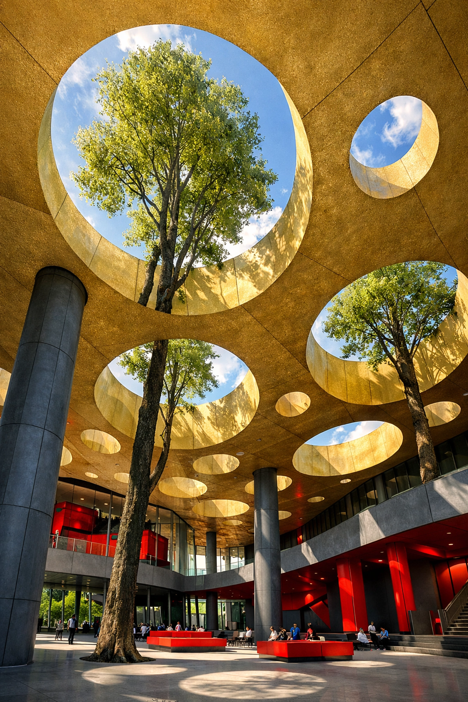 Undulating roof of the House of Hungarian Music featuring circular light wells for trees and sunlight.