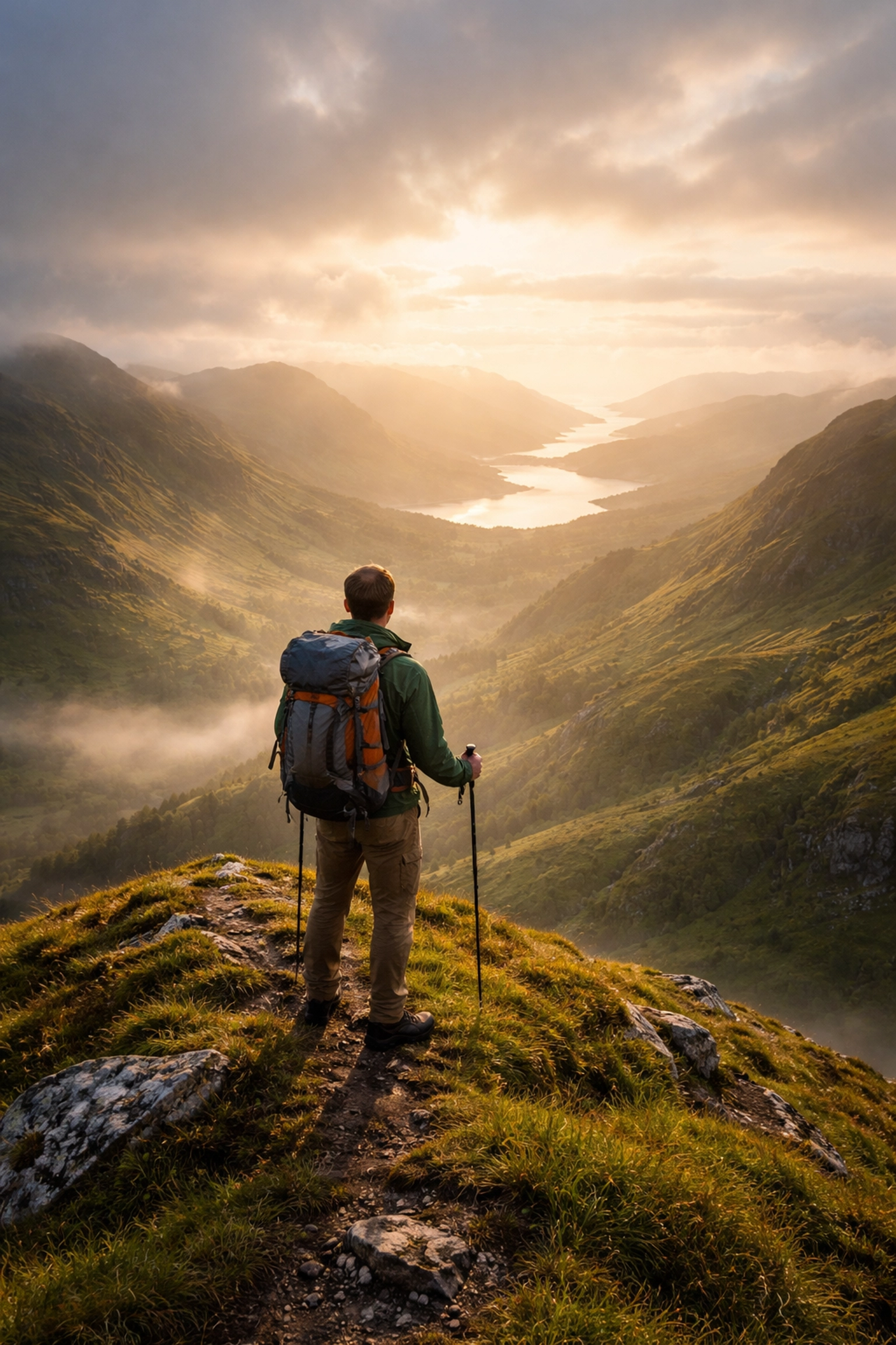 Lone hiker overlooking the misty Scottish Highlands, symbolizing UK camping adventure and outdoor survival.