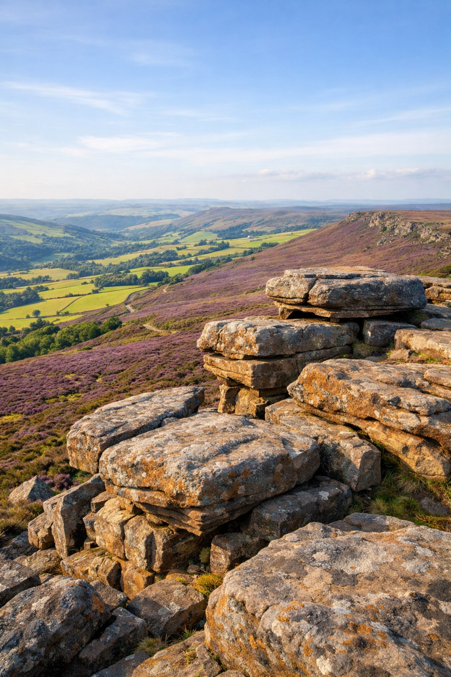 Scenic view of gritstone rock formations and purple heather from Stanage Edge in the Peak District.