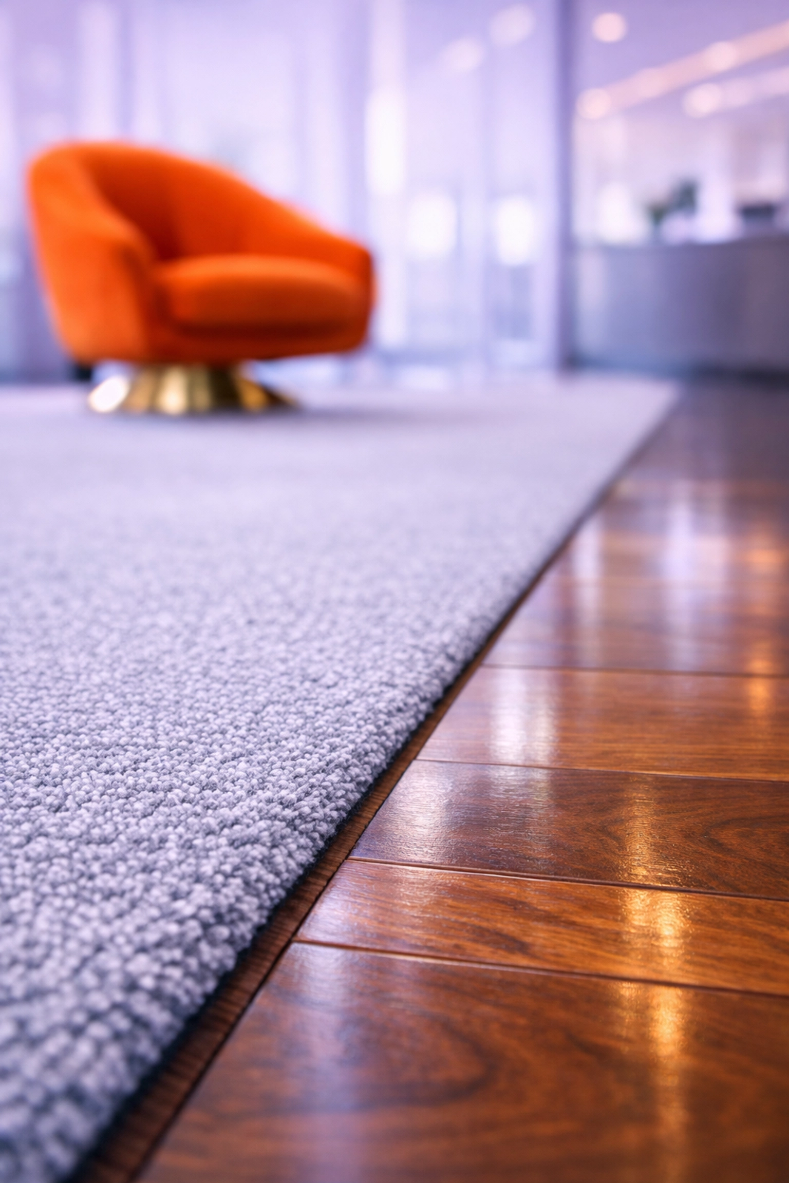 Pristine commercial carpet and hardwood floors in an office lobby, reflecting asset maintenance.
