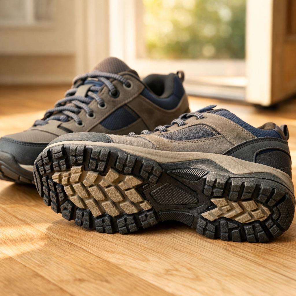 Close-up of supportive walking shoes with non-slip rubber soles to provide better grip on hardwood floors.