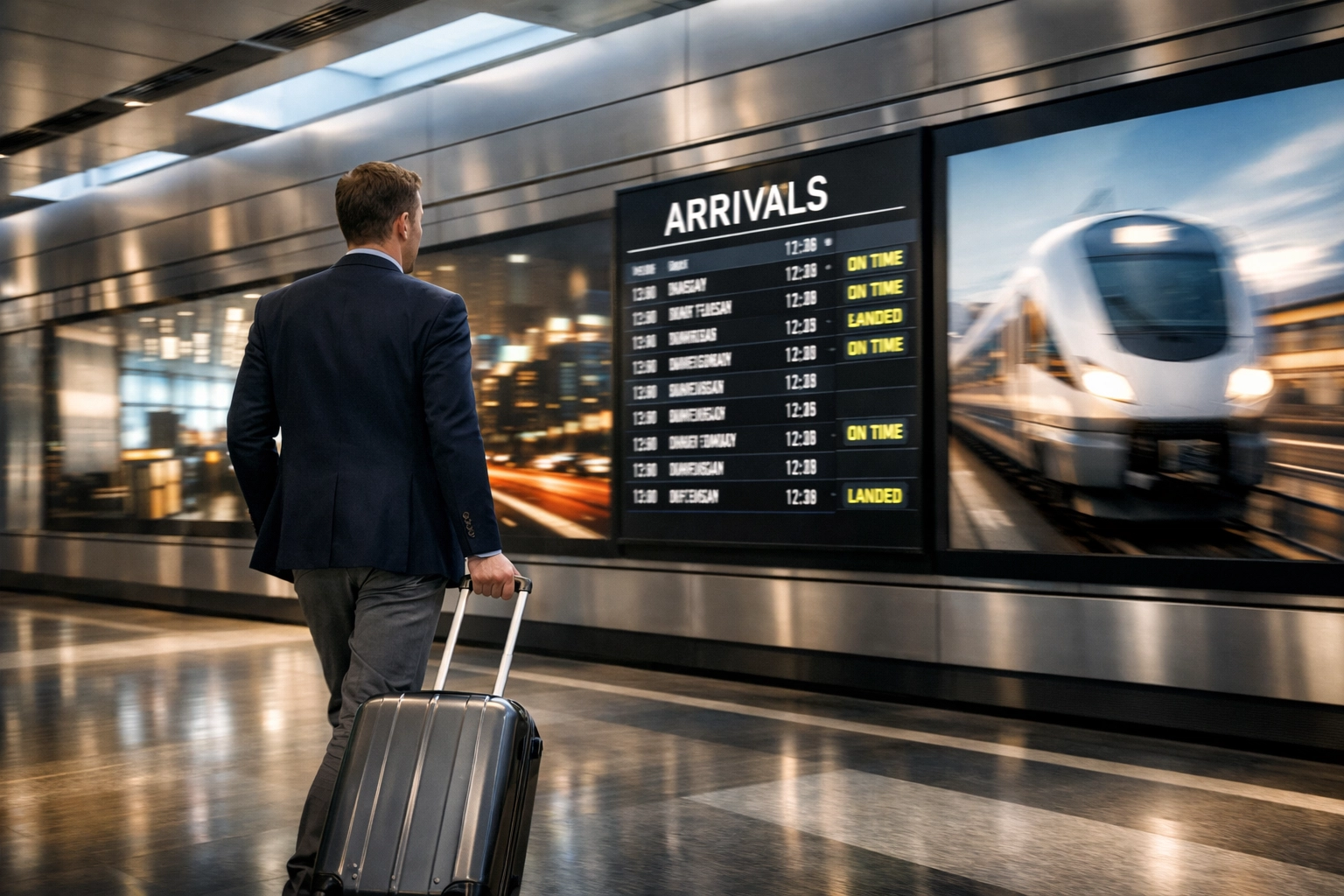 Digital OOH advertising displays targeting travelers in a modern airport transit hub.