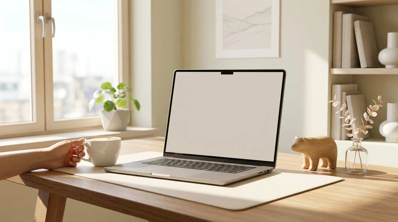A bright, airy modern office with a sleek laptop and a minimalist bear figurine on a wooden desk