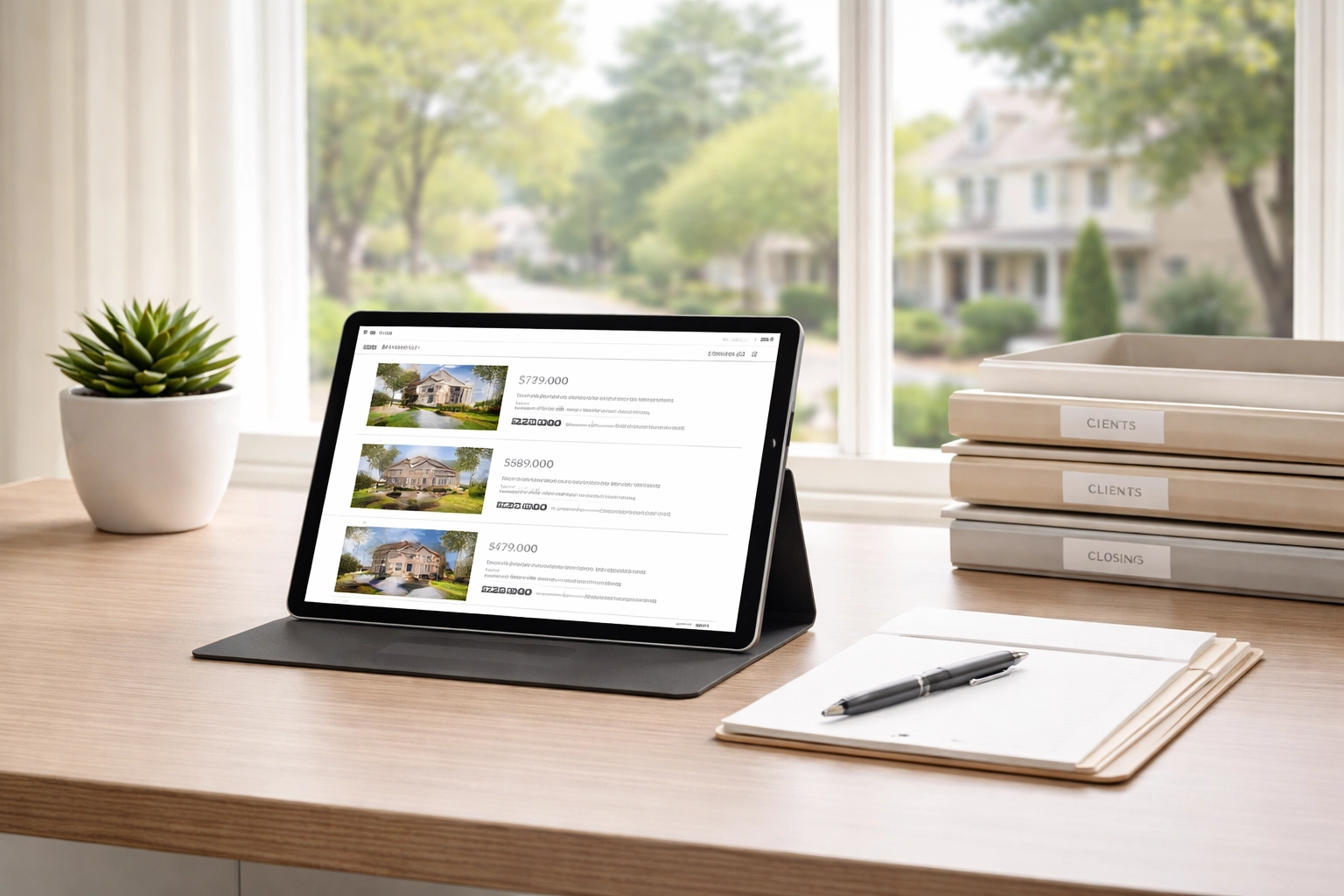 Minimalist home office desk with real estate listings and South Jersey neighborhood view, showing organized preparation