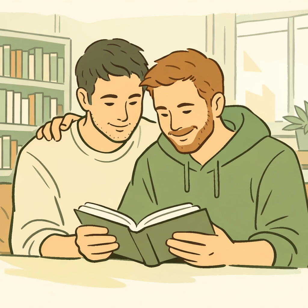 Two gay men reading together in LGBTQ+ community center library, finding support beyond social media