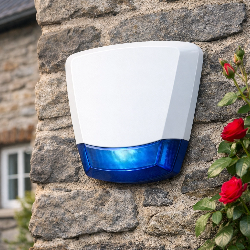 A modern white external alarm bell box professionally installed on a traditional Welsh stone cottage in Abergavenny.