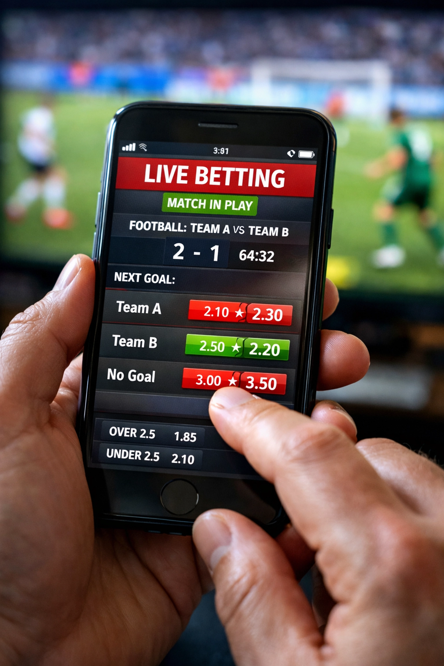 Live-Wetten App auf Smartphone mit Quoten während laufendem Fußballspiel
