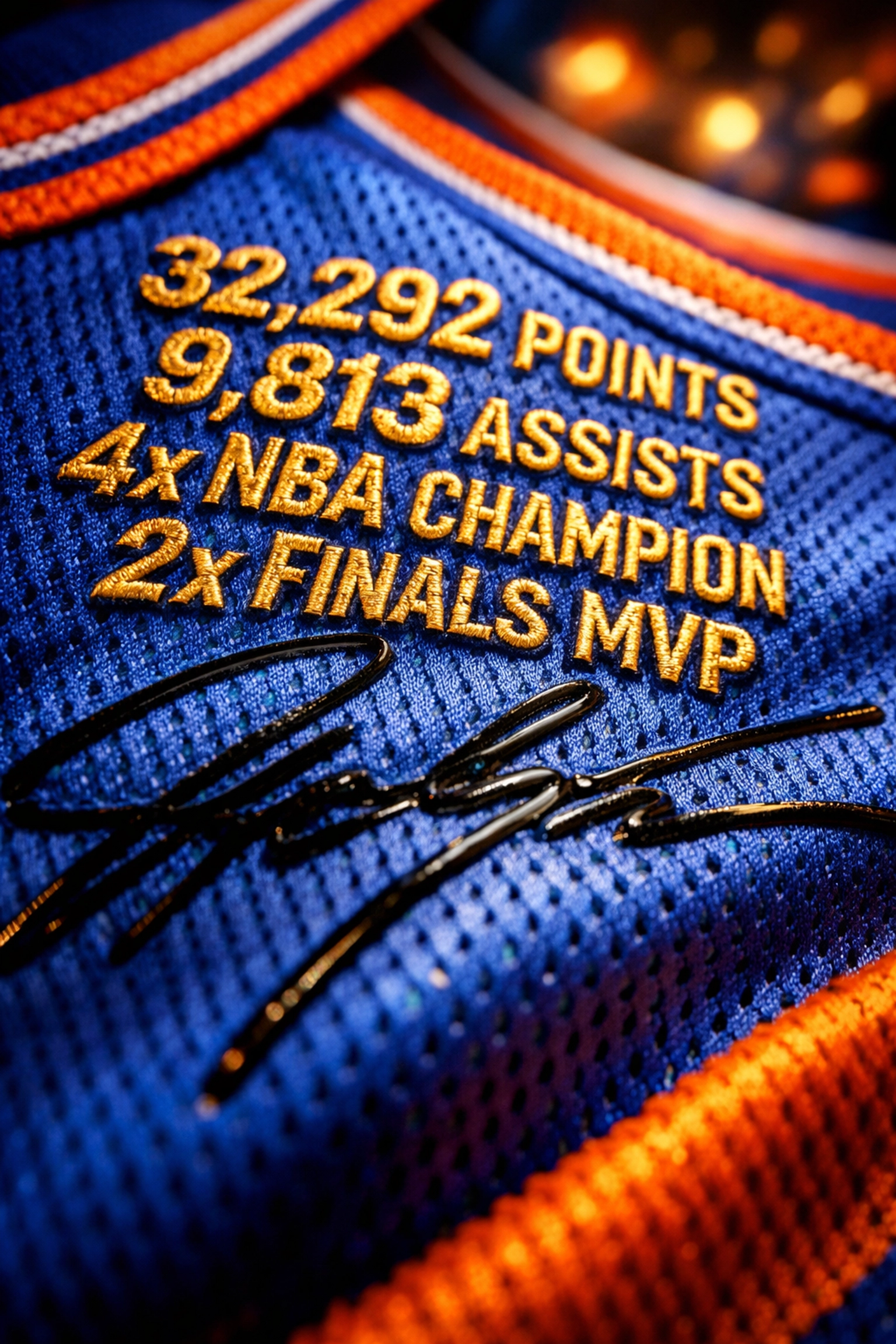 Close-up of an NBA career jersey featuring embroidered player achievements and an authentic autograph.