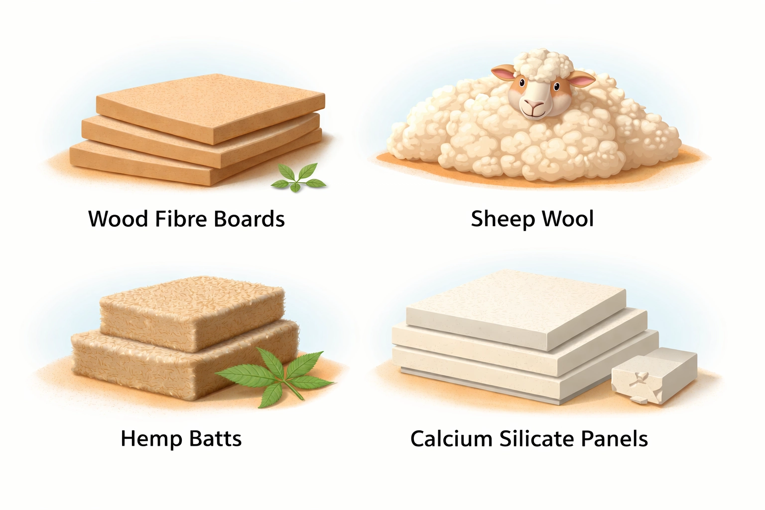Illustration comparing wood fibre, sheep wool, hemp, and calcium silicate insulation materials for period homes.